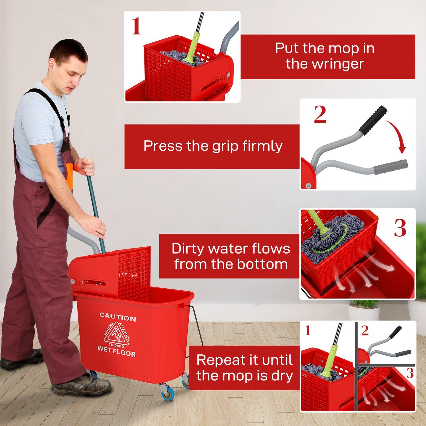 Man wringing a red mop bucket with a microfiber mop head to clean floors