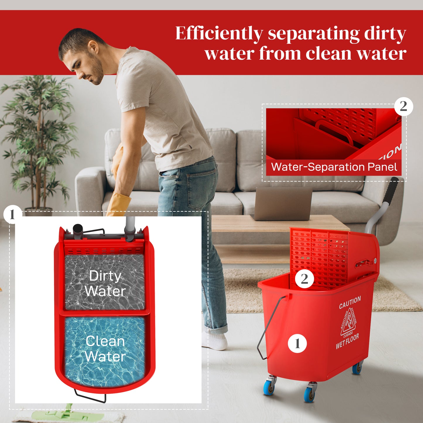 Red dualcompartment mop bucket with water separation panel
