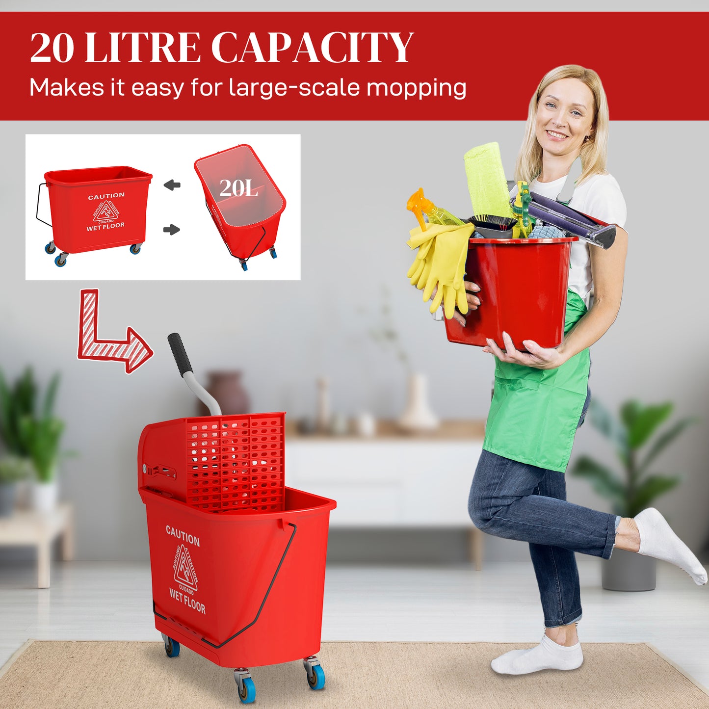 Red liter capacity mop bucket with wheels for easy largescale cleaning
