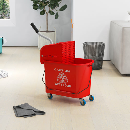 Red plastic mop bucket with wheels and wringer featuring wet floor caution signage