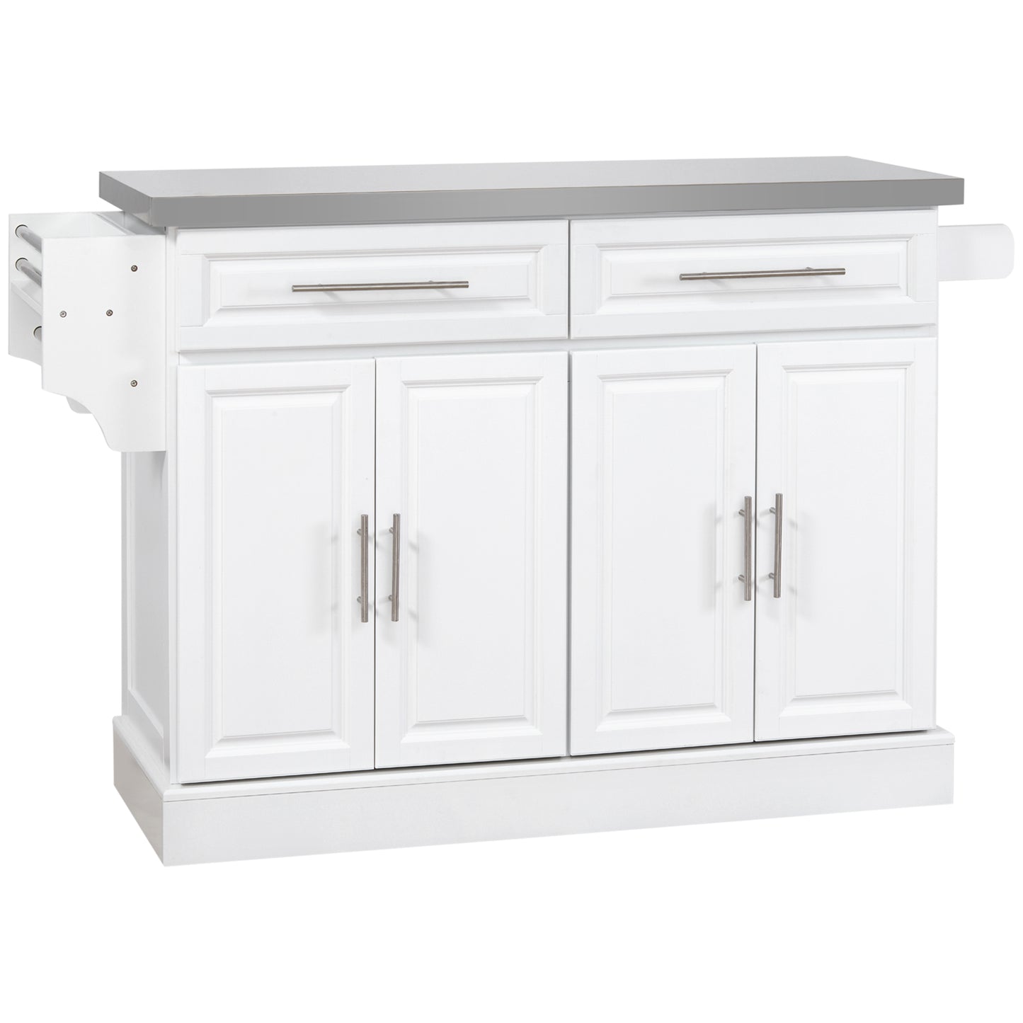 White kitchen island with grey countertop and two drawers