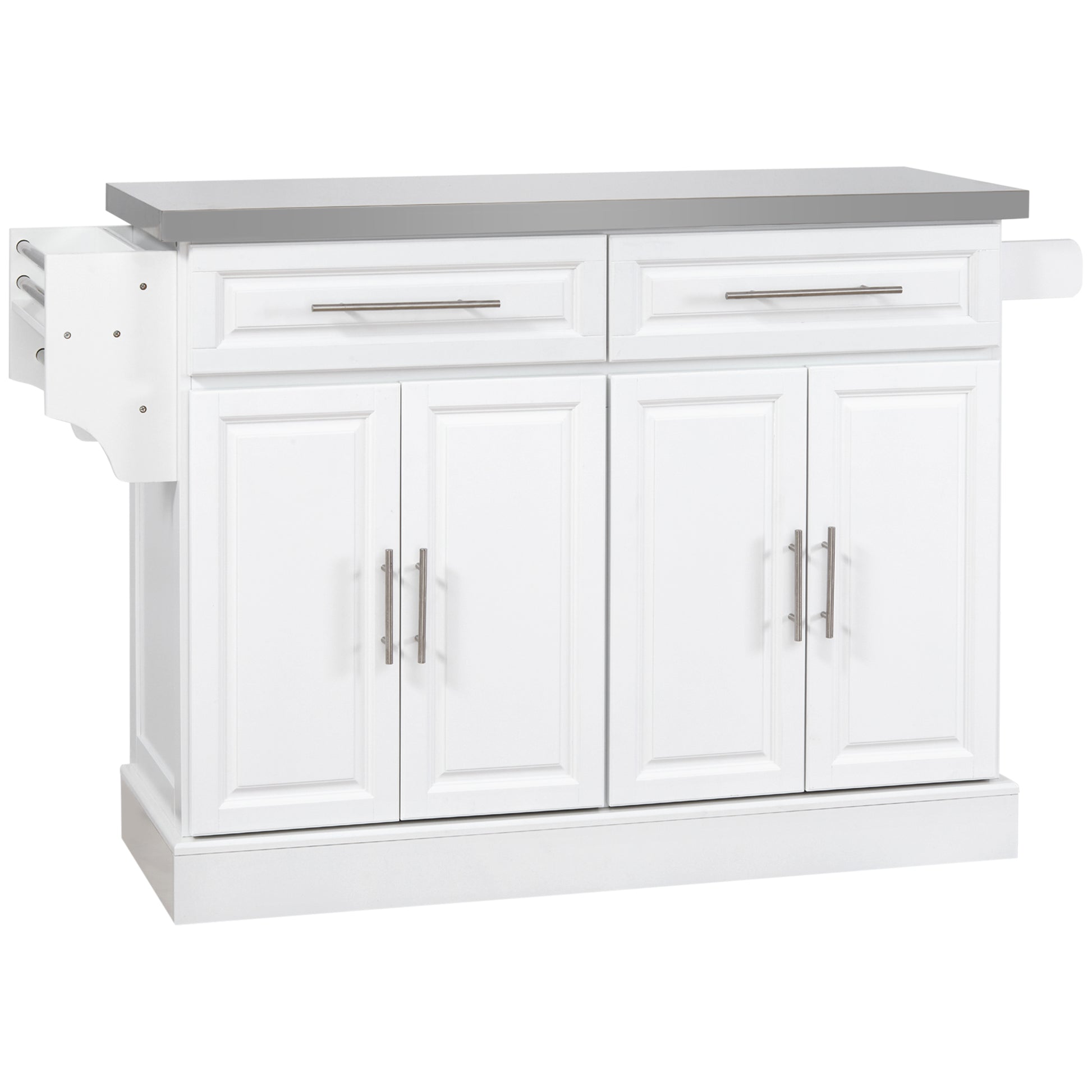 White kitchen island with grey countertop and two drawers