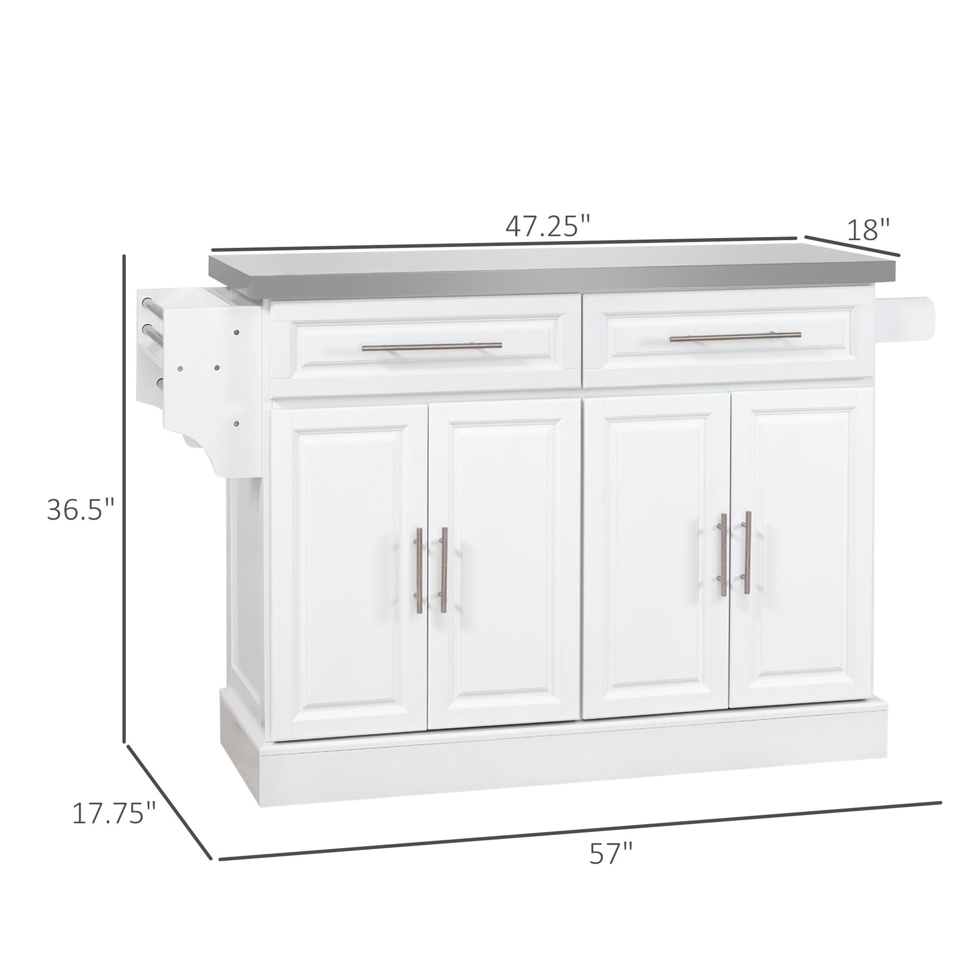 White kitchen island with stainless steel hardware and towel rack
