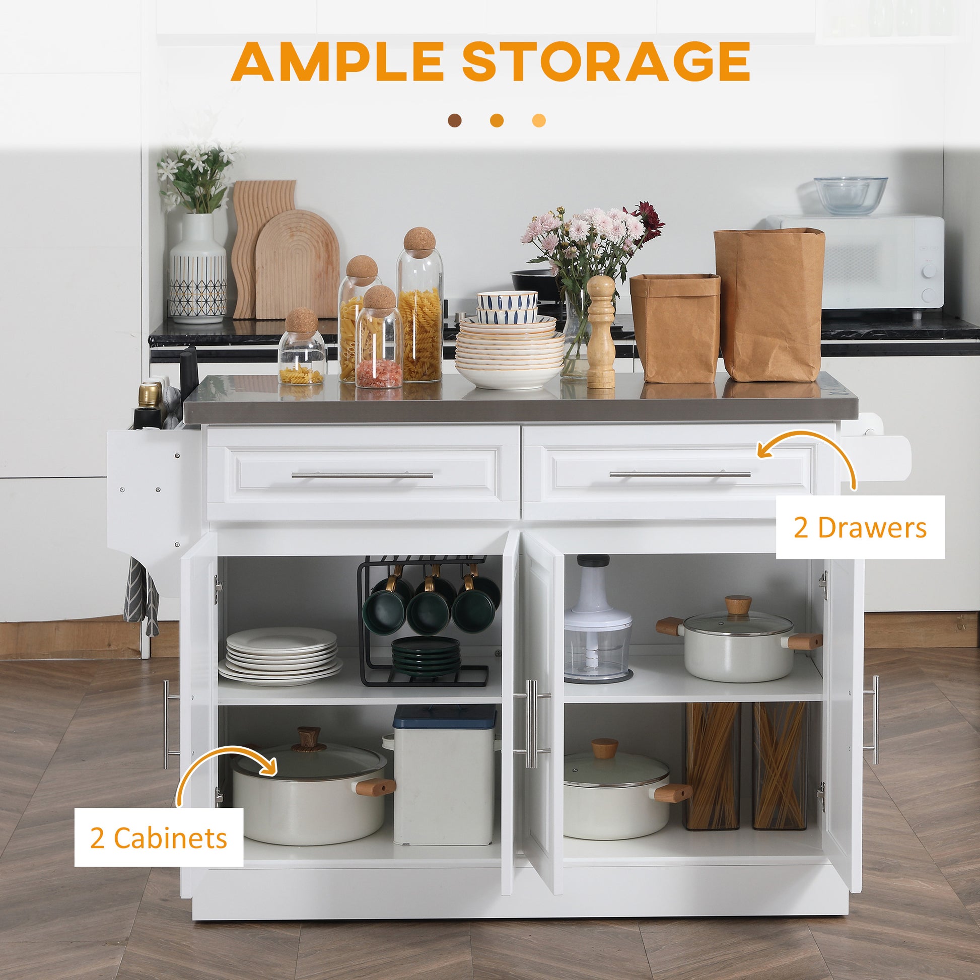 White kitchen island cart with stainless steel top two drawers and two cabinets for ample storage