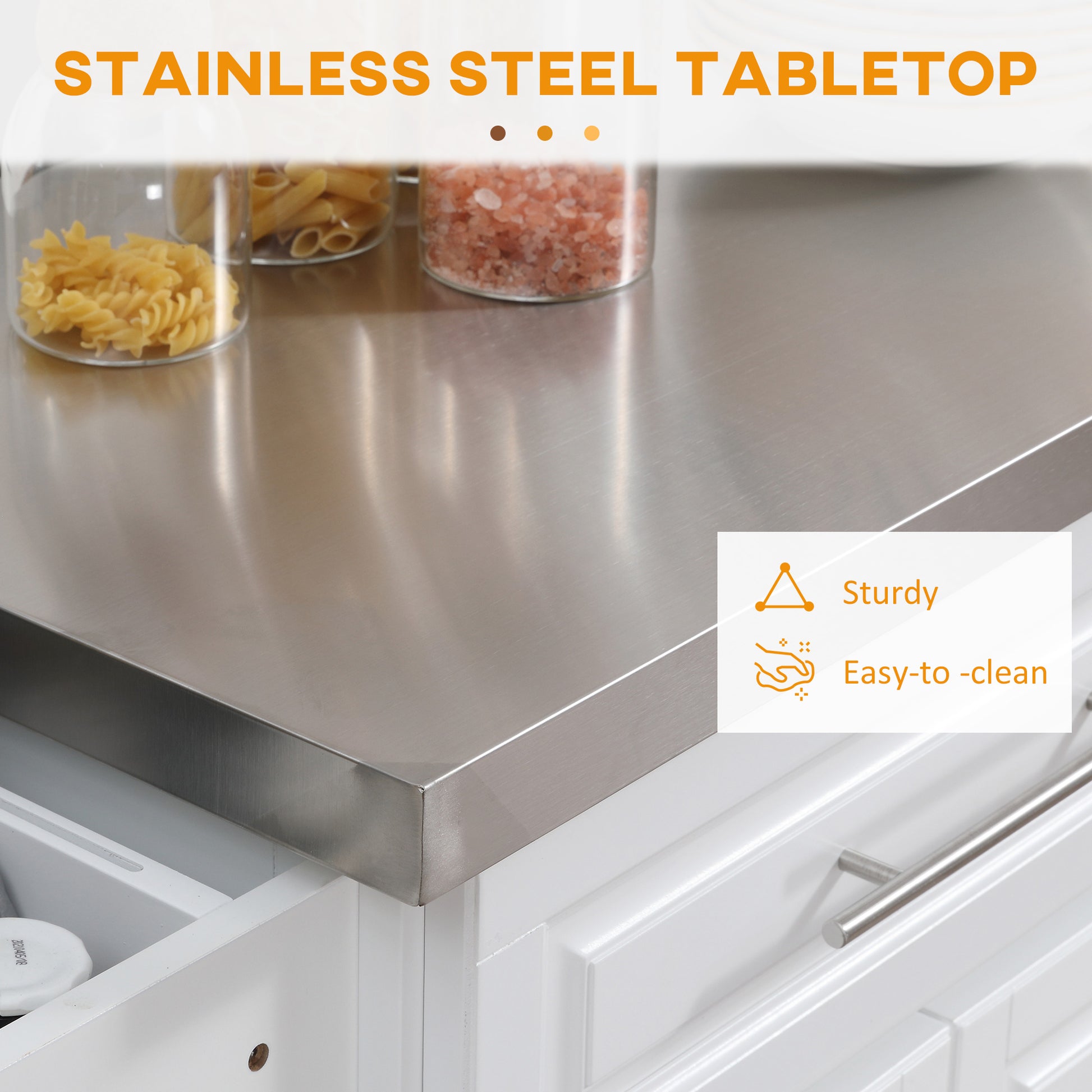 Brushed stainless steel tabletop with pasta and pink salt in jars
