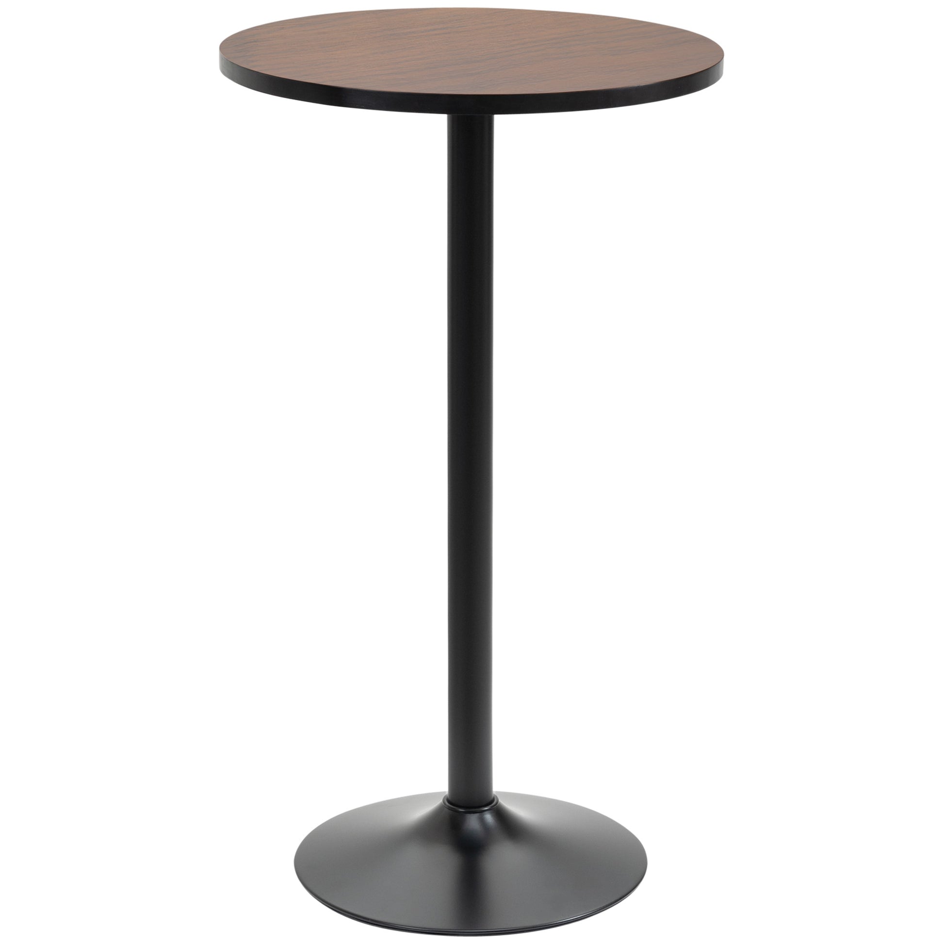 Round walnutfinish wood tabletop with black metal pedestal base for bar or counter use