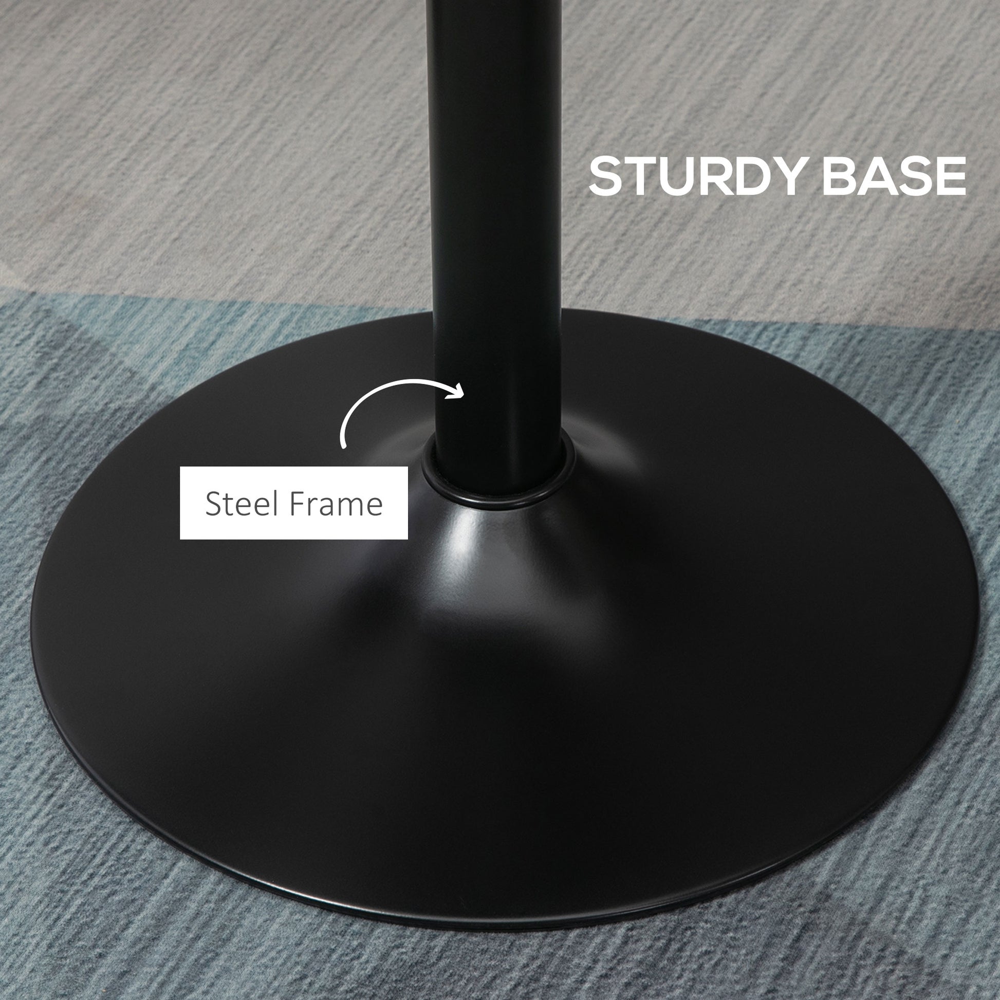 Black round steel frame base for stability supporting a table or lamp