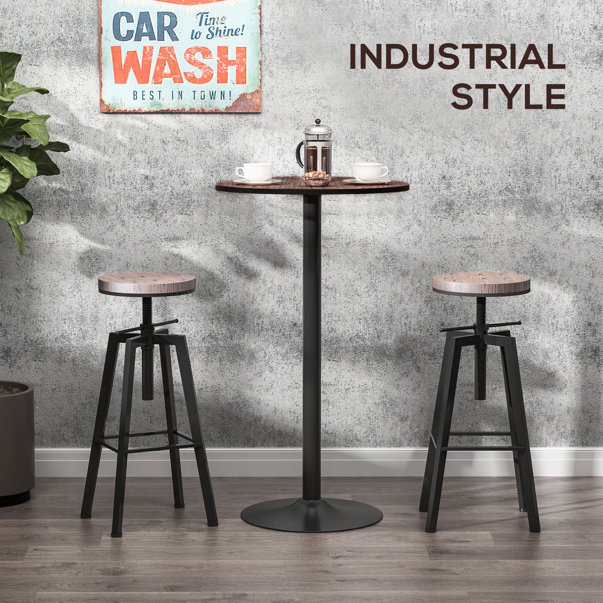 Adjustable height bar stool with a round wood seat and black metal base