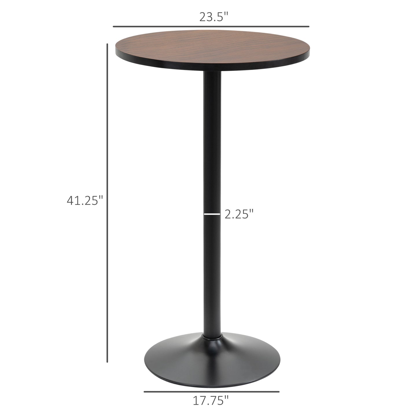 Walnut veneer round top bar table with black metal pedestal base and stem  diameter