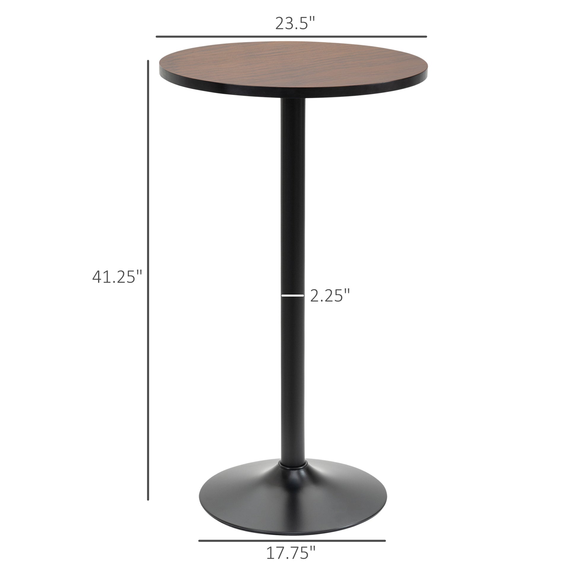 Walnut veneer round top bar table with black metal pedestal base and stem  diameter