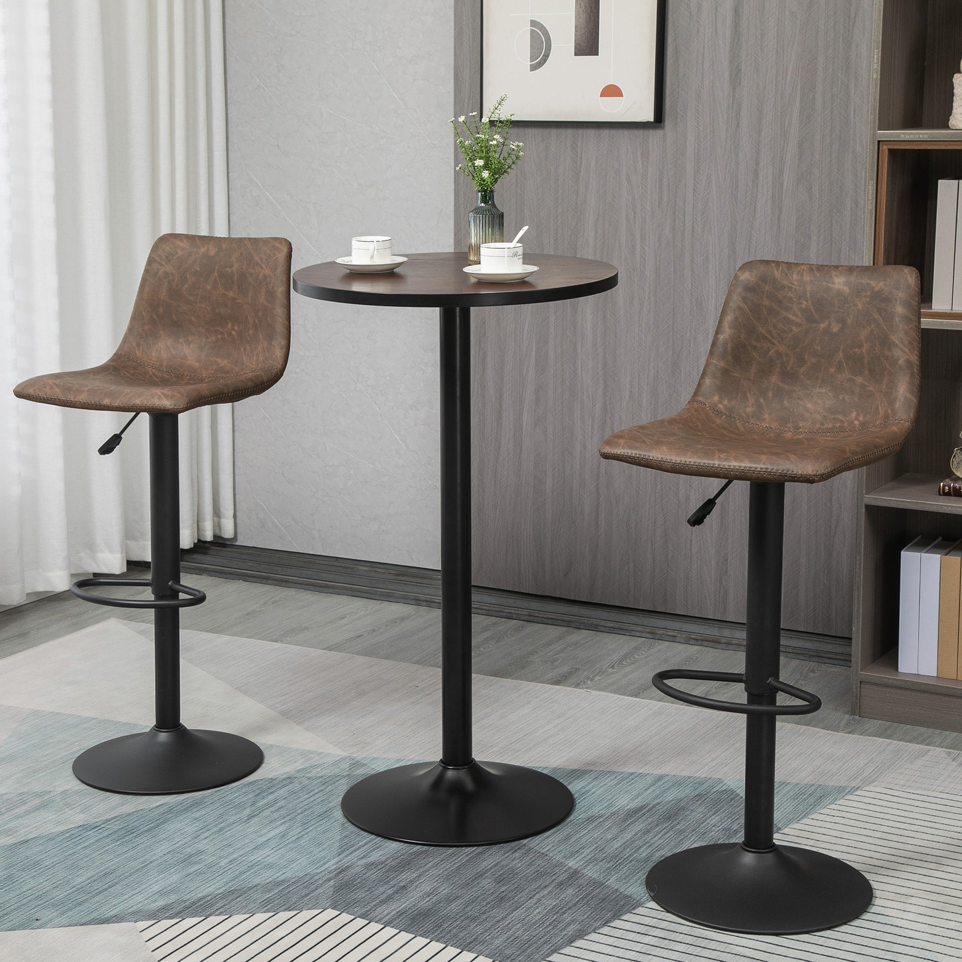Adjustable brown faux leather bar stool with black base and footrest