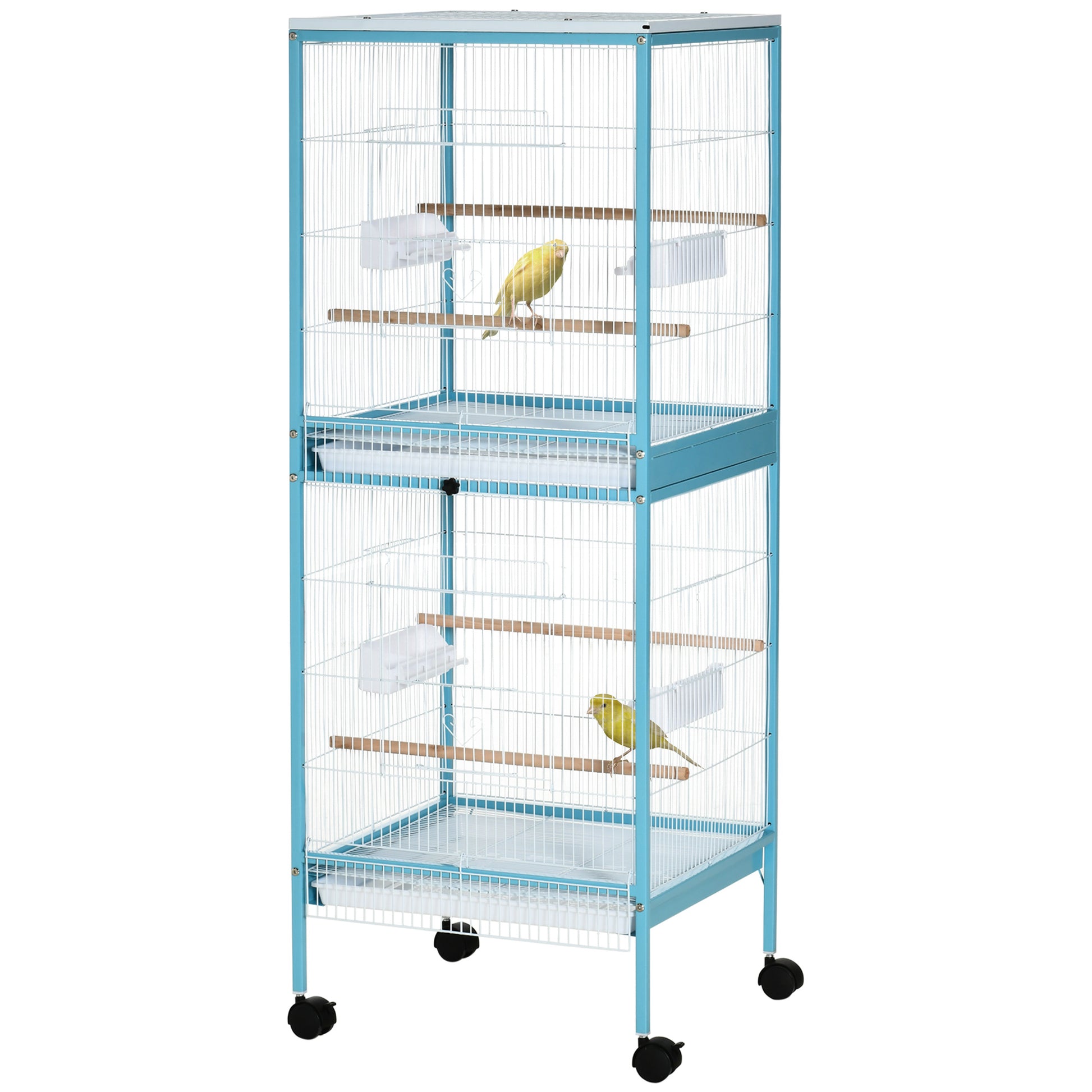 Tall blue metal bird cage with two levels and two yellow canaries inside