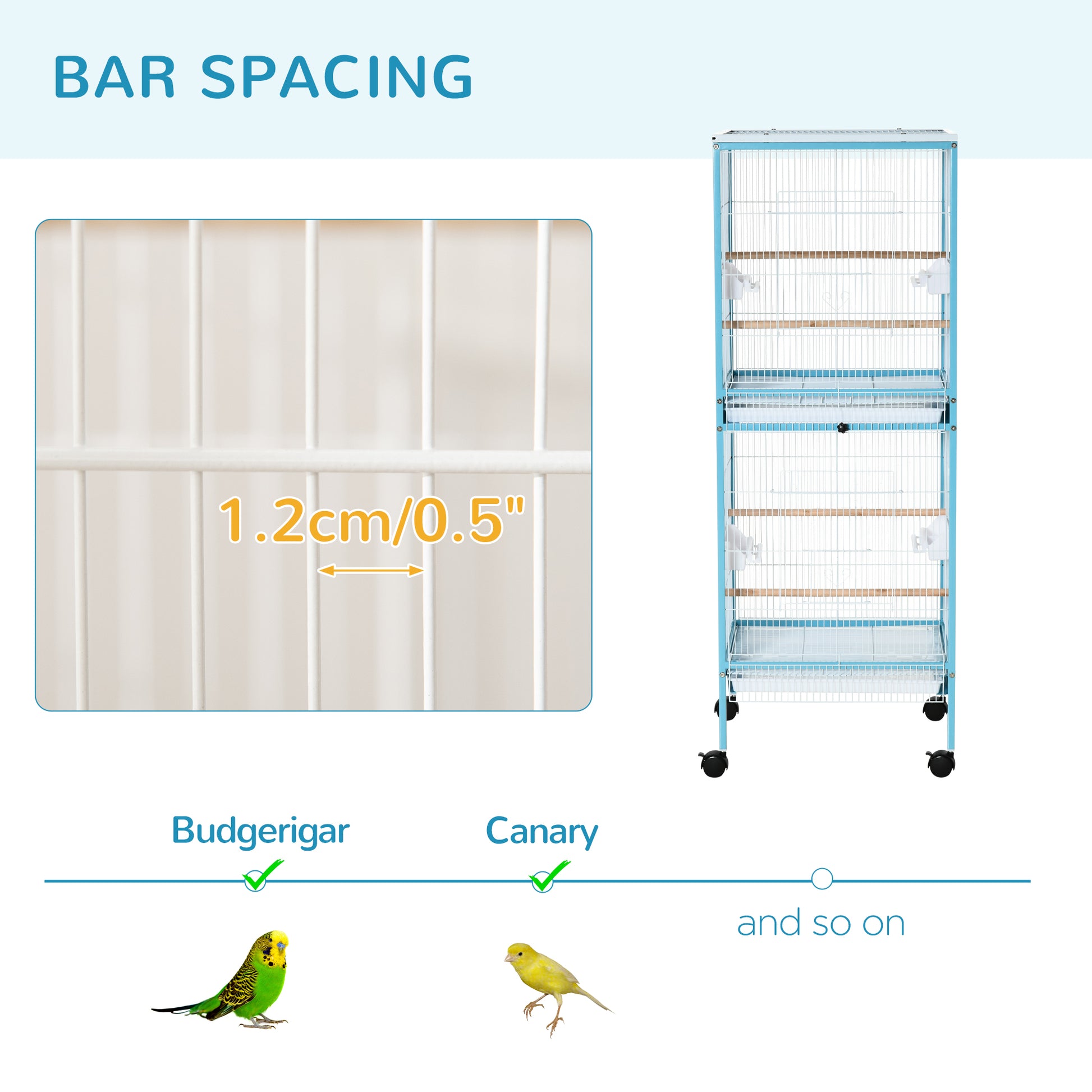 Blue multitiered bird cage with cm bar spacing for budgies