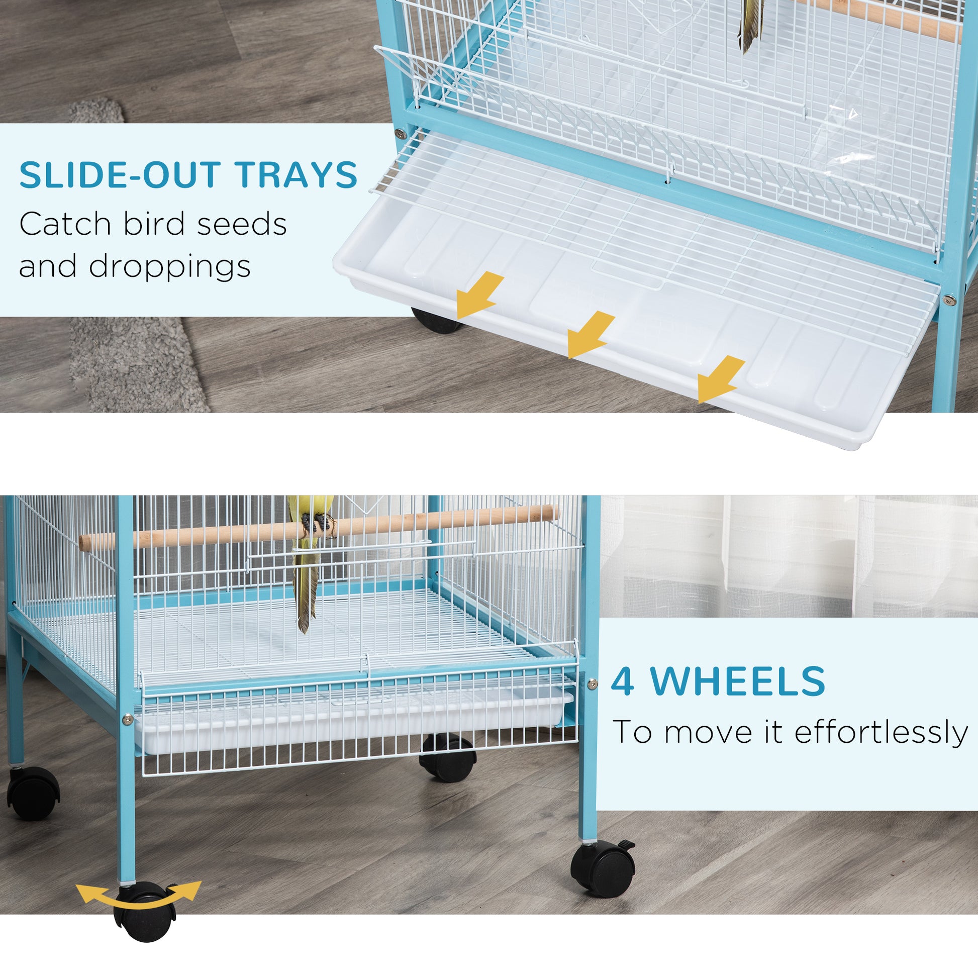 Blue bird cage with white wire mesh and two slideout trays for easy cleaning