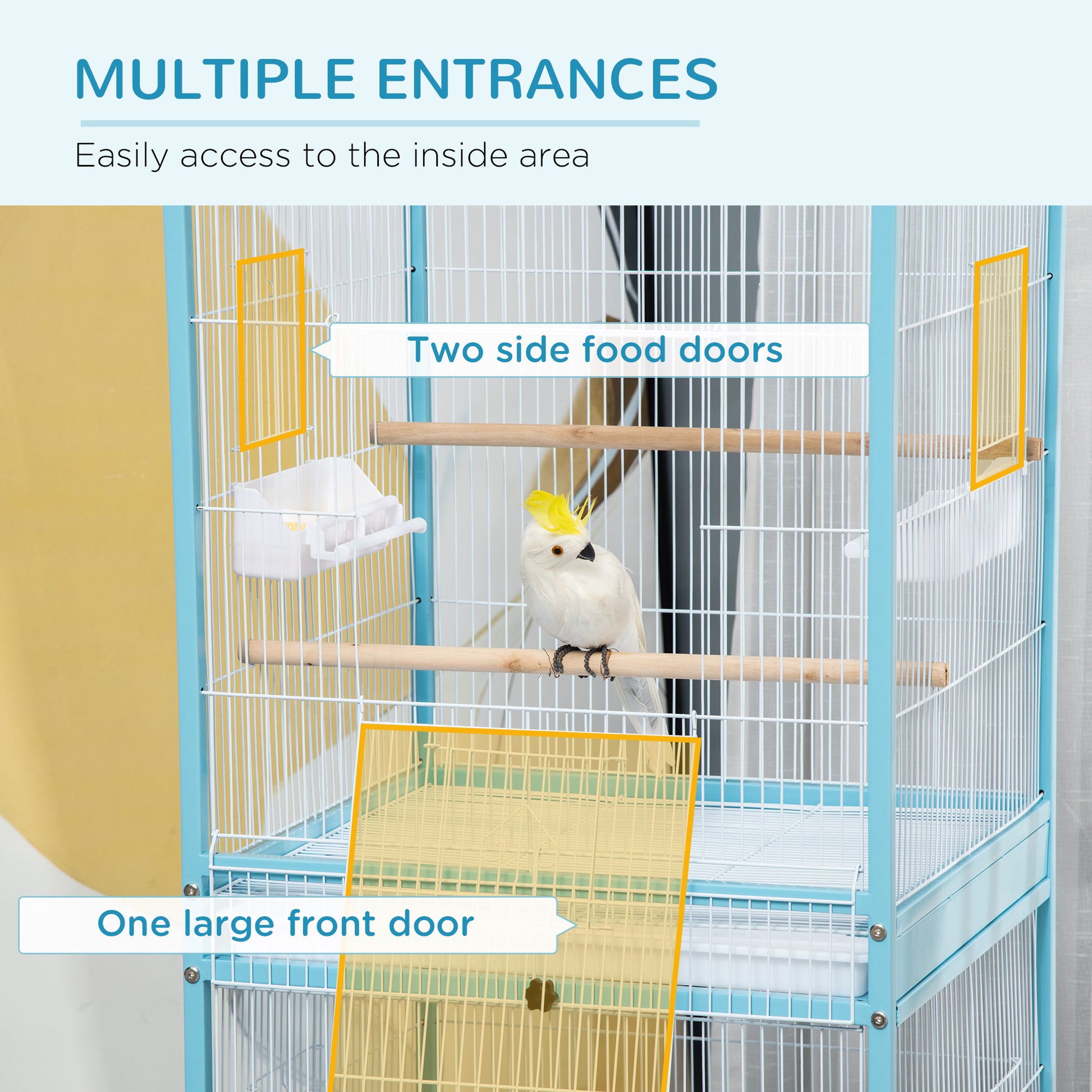Large blue metal bird cage with multiple entrances and perches