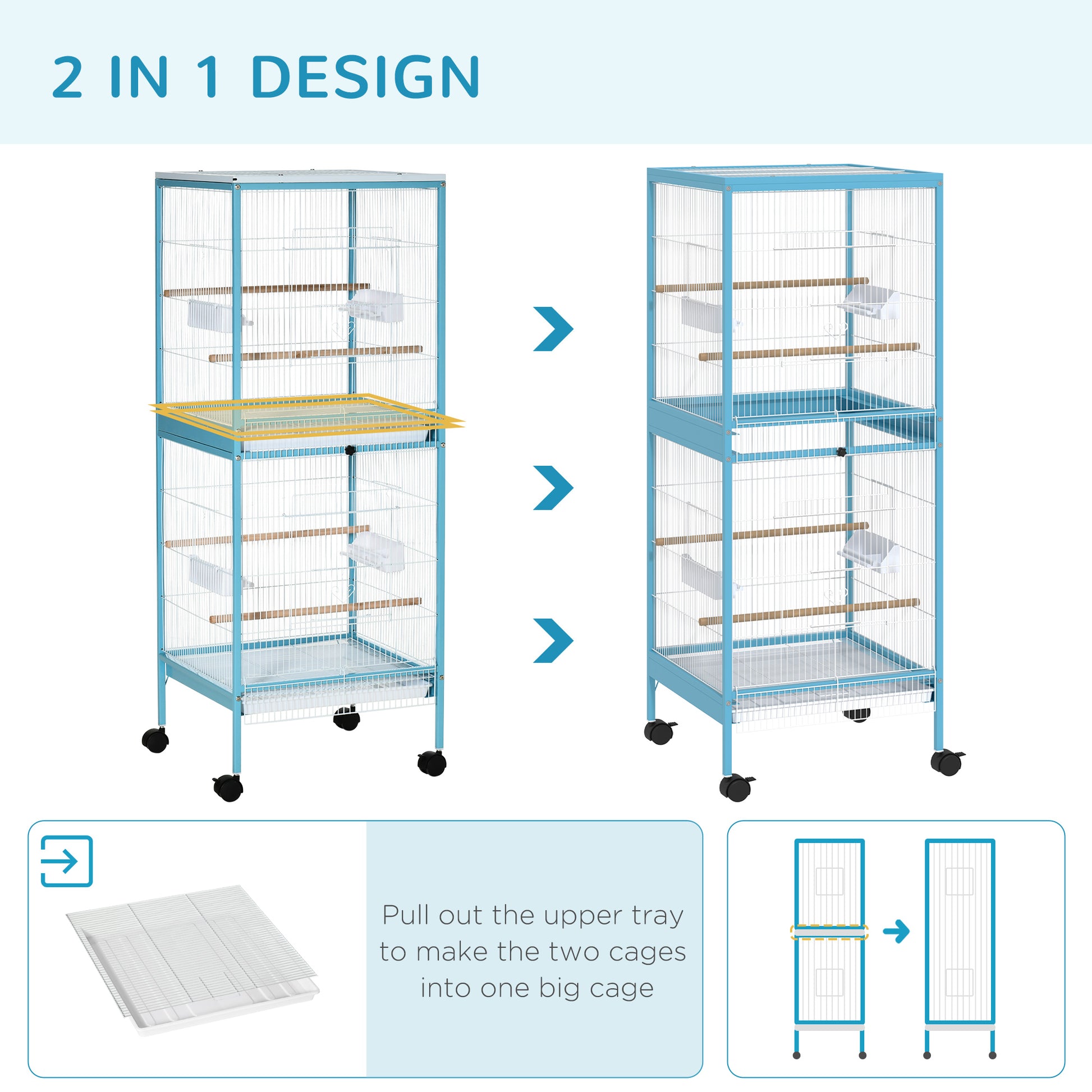 Light blue metal bird cage shown in two configurations for pet housing