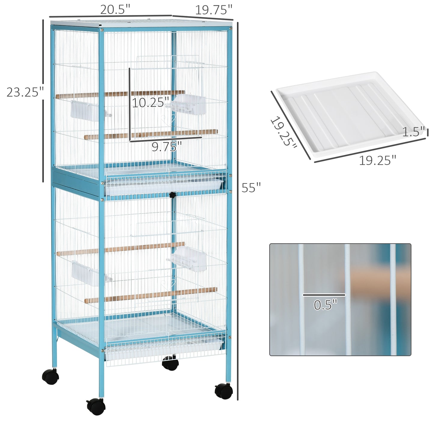 Tall blue bird cage with multiple perches and feeders featuring rolling casters