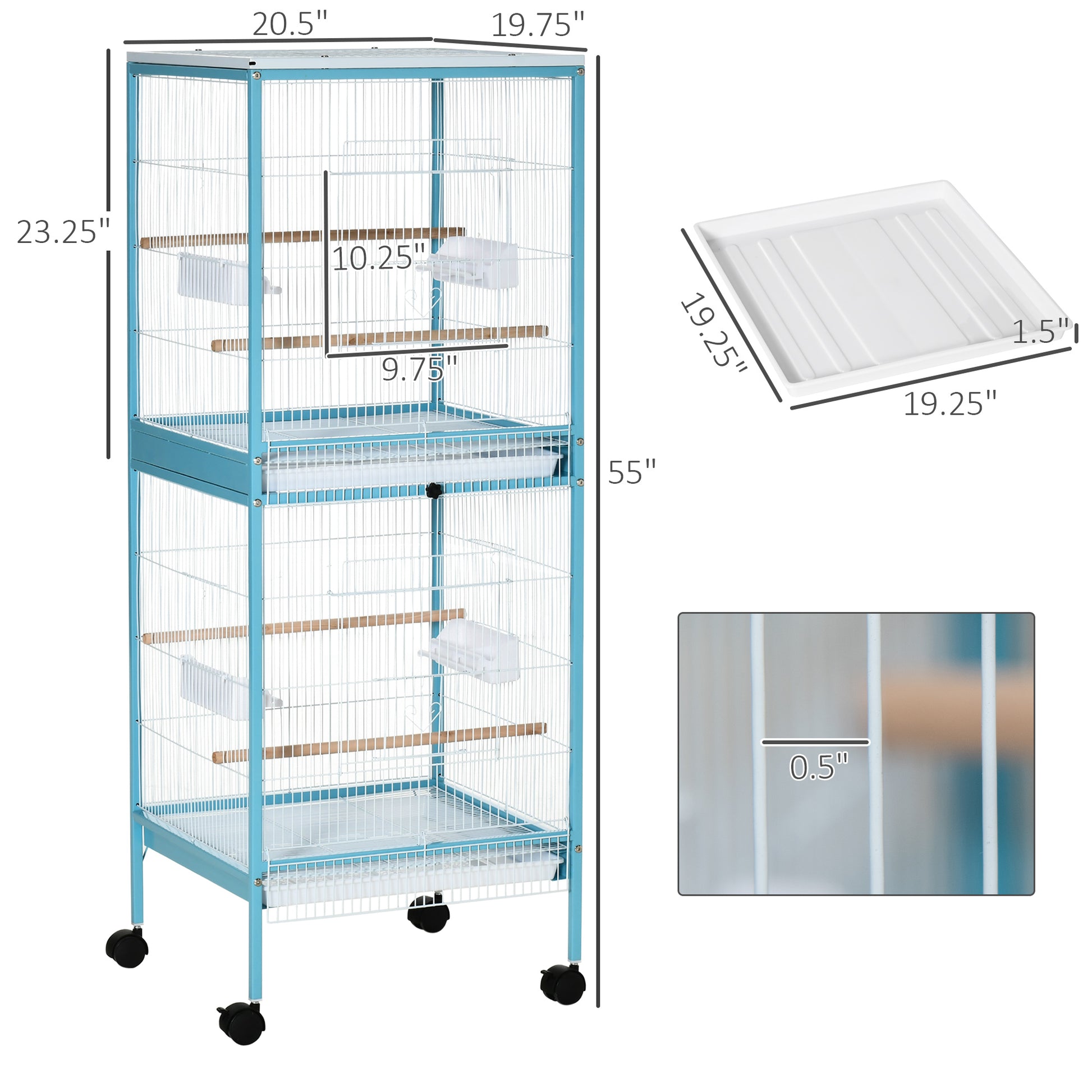 Tall blue bird cage with multiple perches and feeders featuring rolling casters