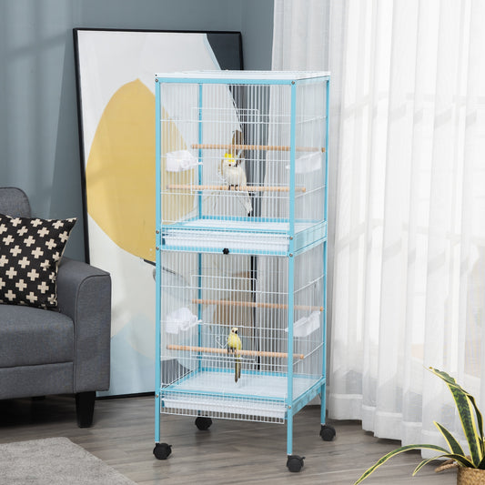 Twotier blue metal bird cage with wooden perches holding two birds