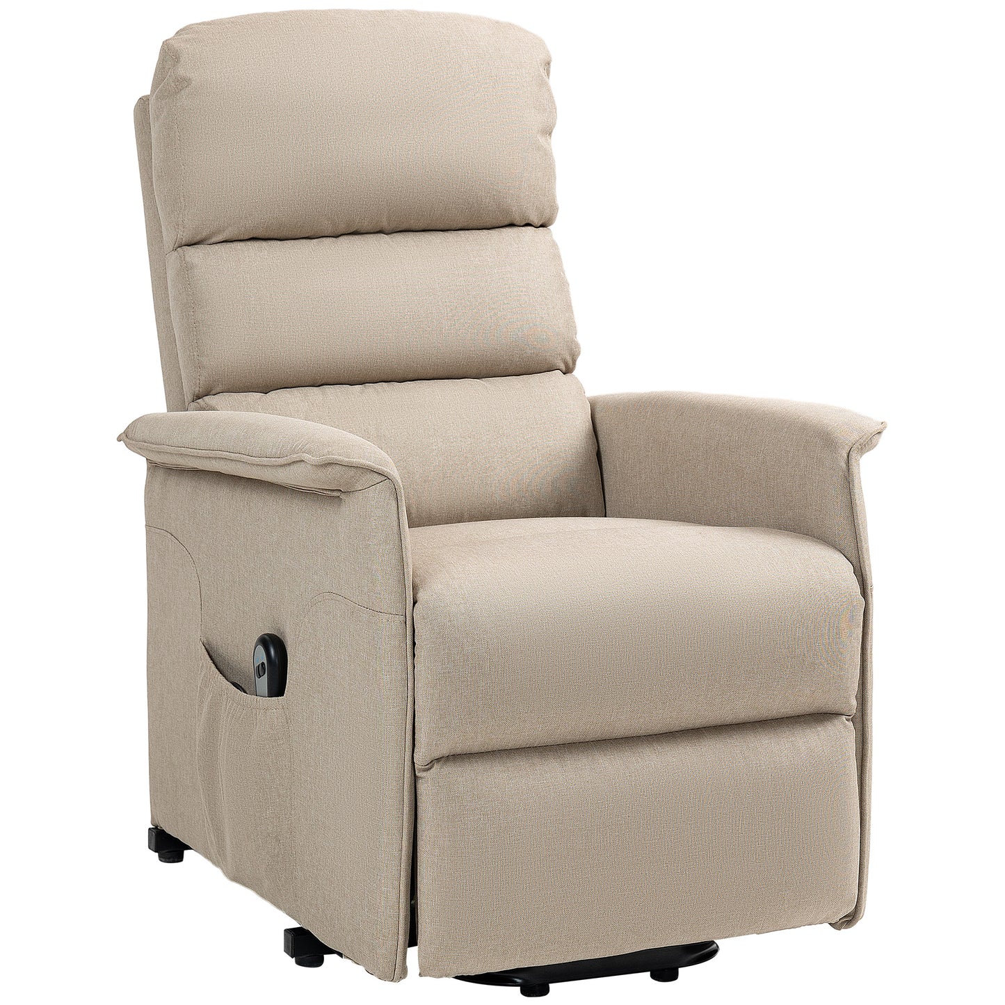 Beige fabric lift chair with padded arms and integrated side pocket for remote control
