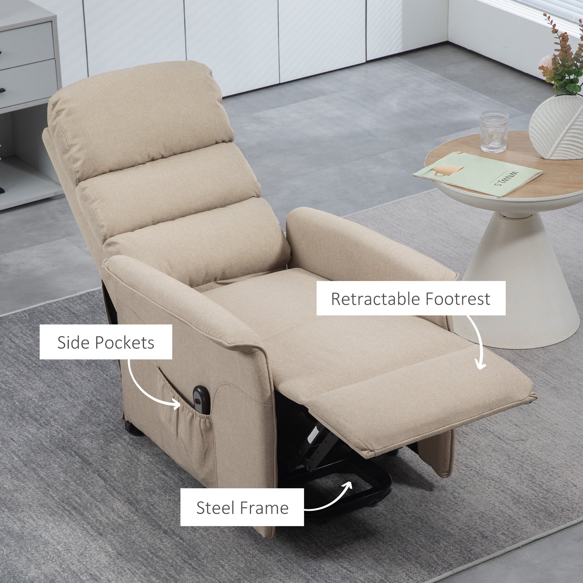 Beige fabric recliner with retractable footrest and side pockets