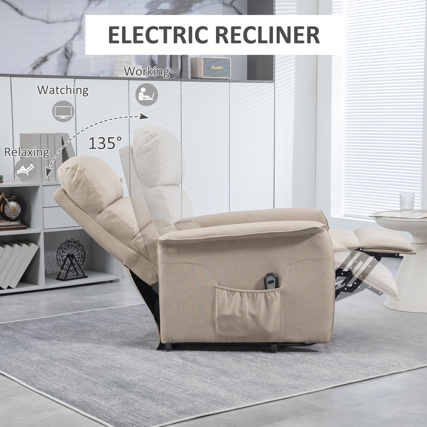Beige fabric electric recliner chair in a partially reclined position  degrees