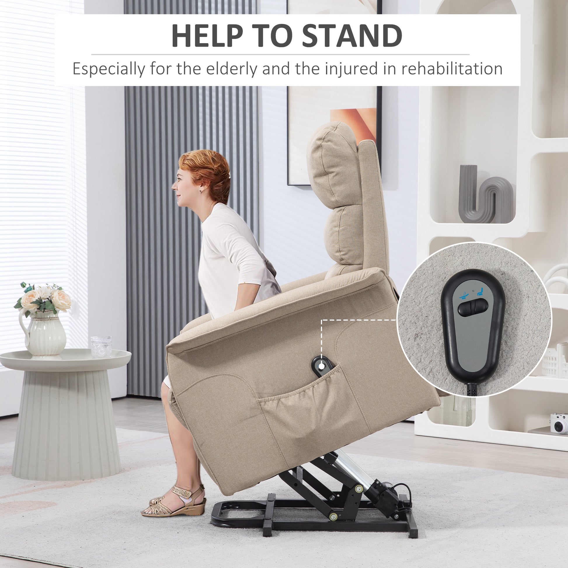 Beige fabric lift chair with electric recliner function for elderly assistance