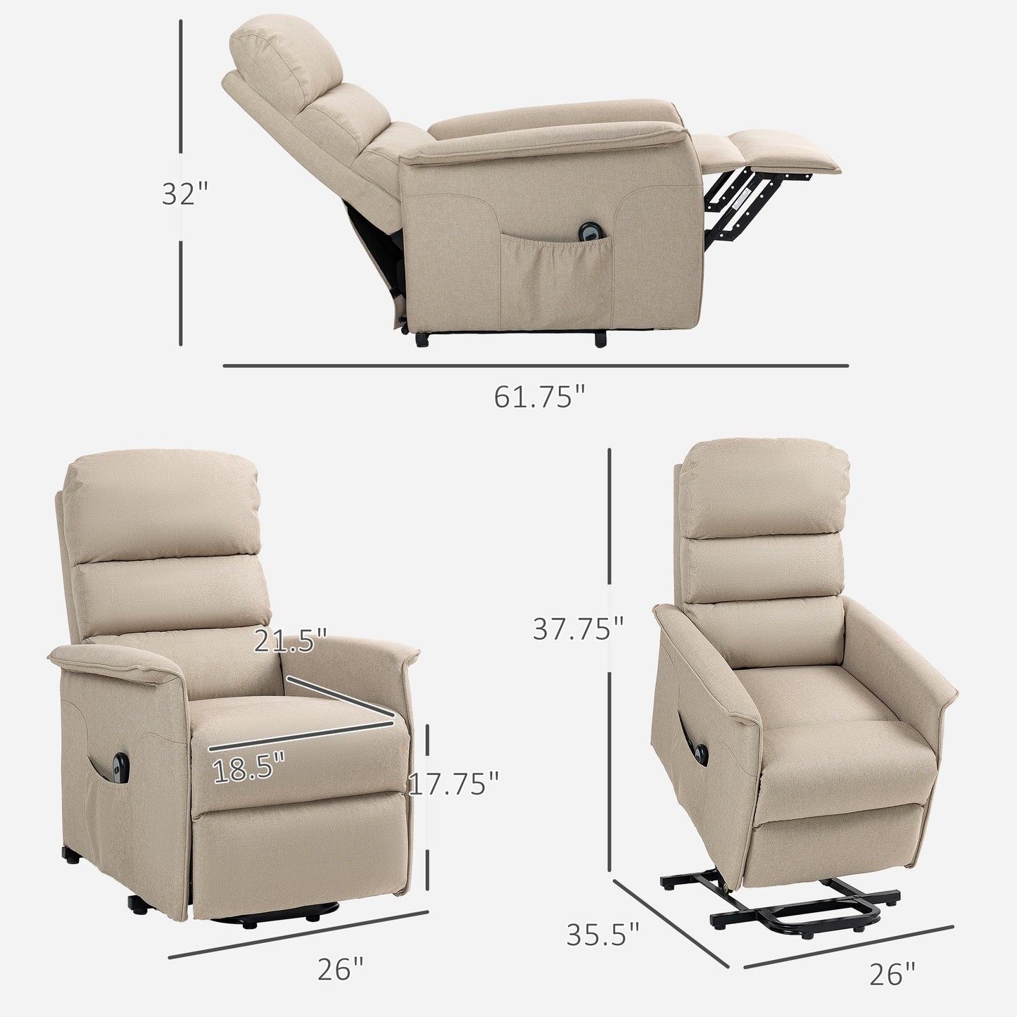 Beige fabric lift recliner chair with detailed dimensions for seat and height