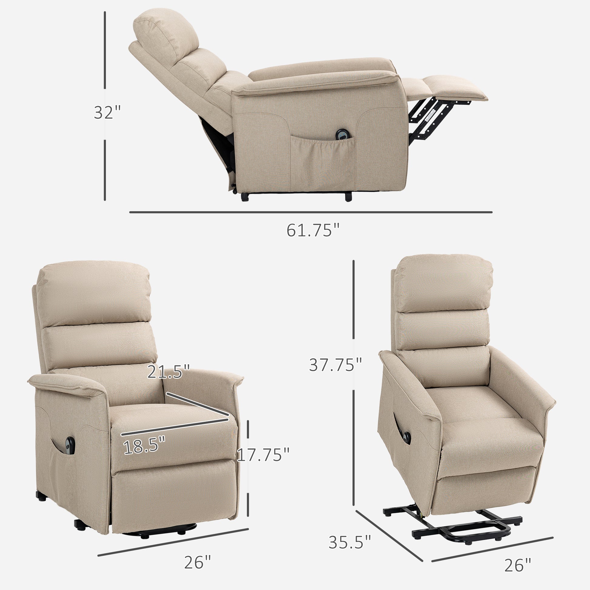 Beige fabric lift recliner chair with detailed dimensions for seat and height