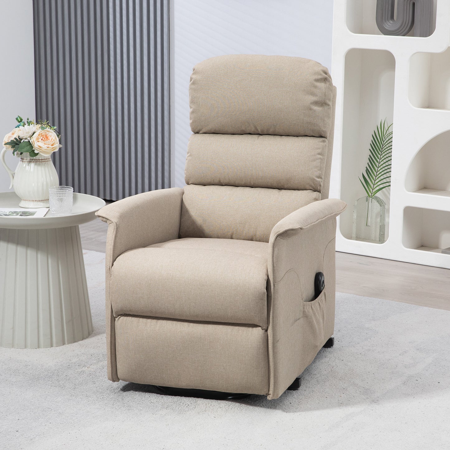 Comfortable beige fabric recliner chair with plush cushioning for relaxation