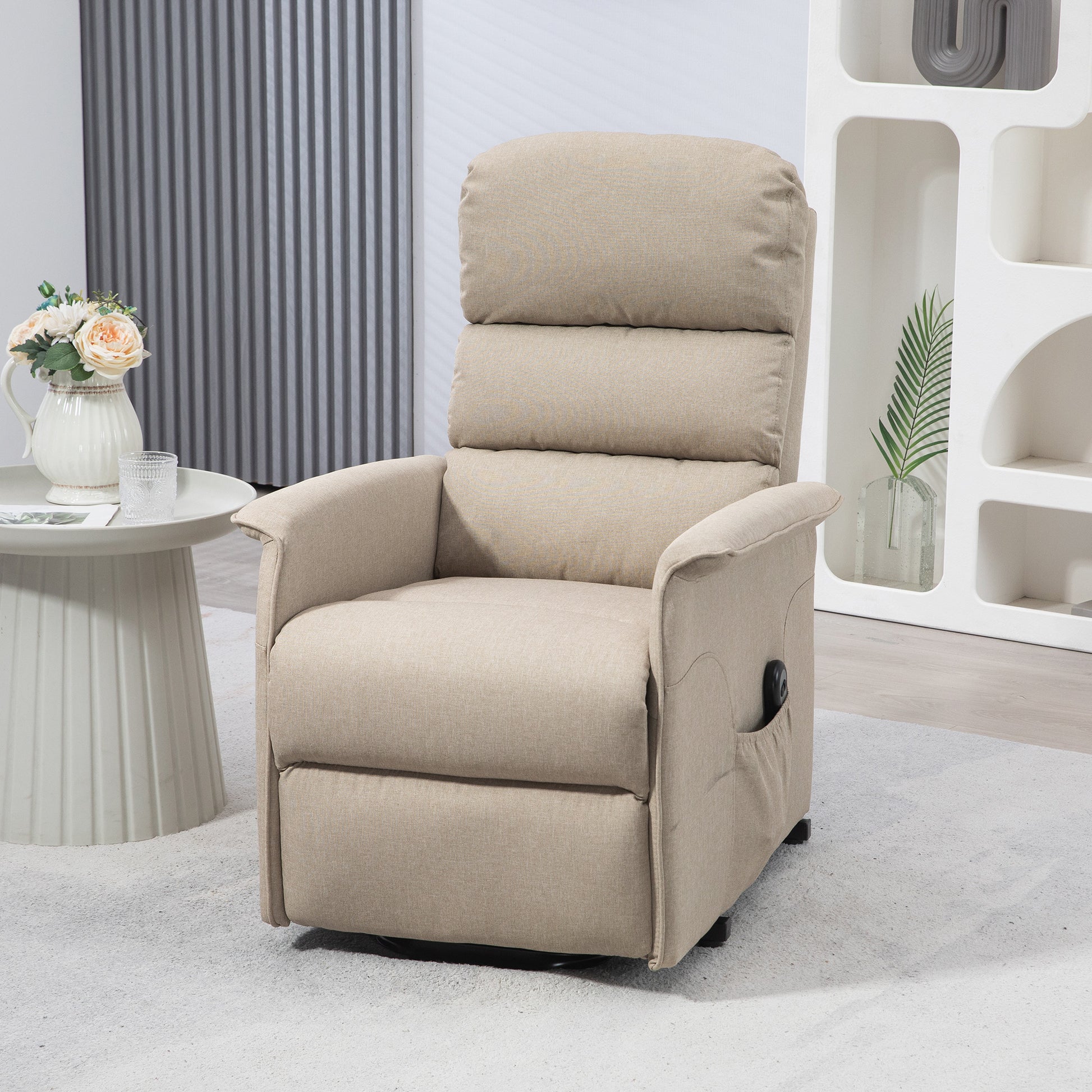 Comfortable beige fabric recliner chair with plush cushioning for relaxation