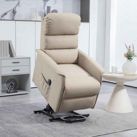 Beige fabric power lift recliner with plush cushioning and side pocket for easy access