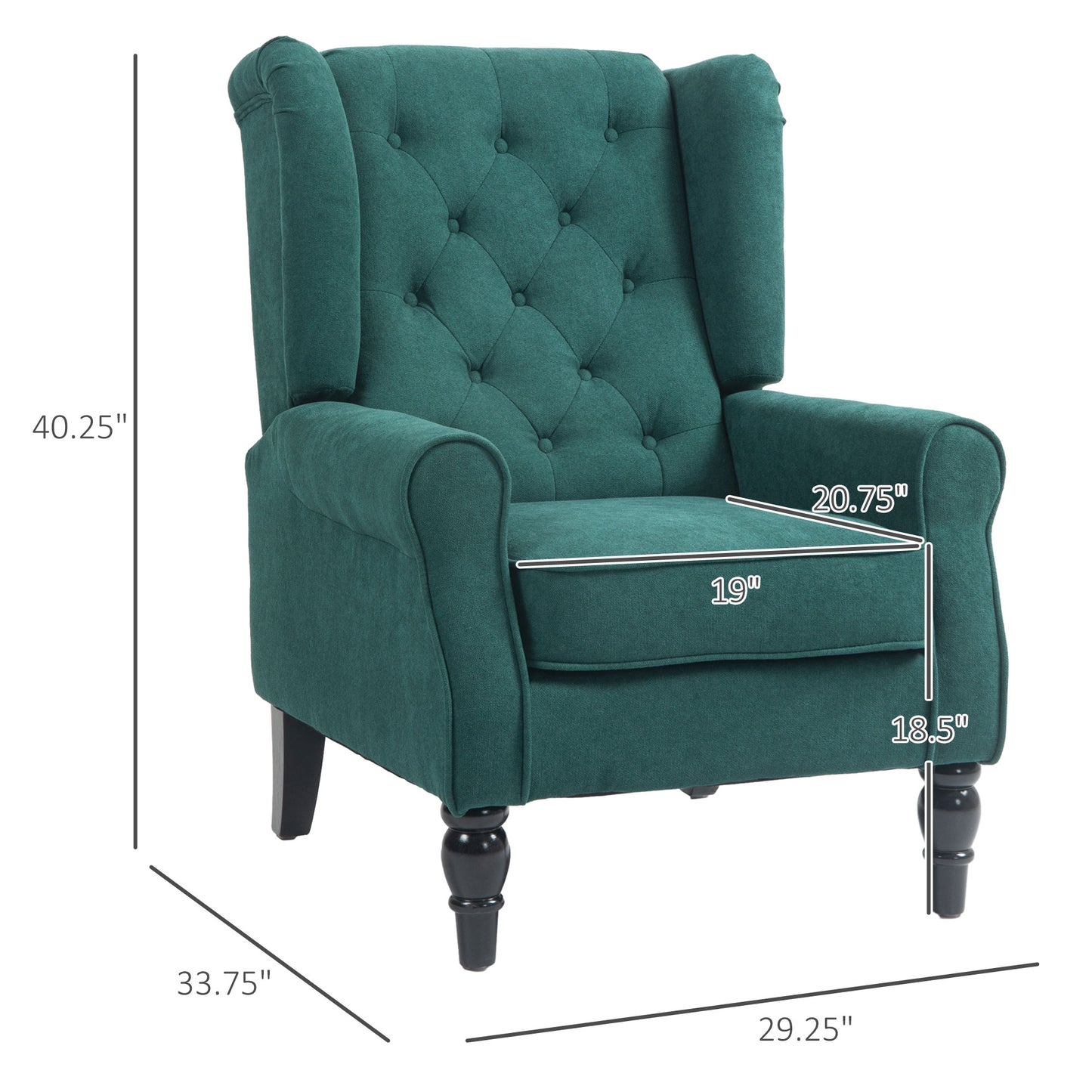 Dark teal fabric wingback chair with diamond button tufting and ornate legs