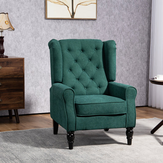 Emerald green fabric armchair with tufted back ideal for living rooms