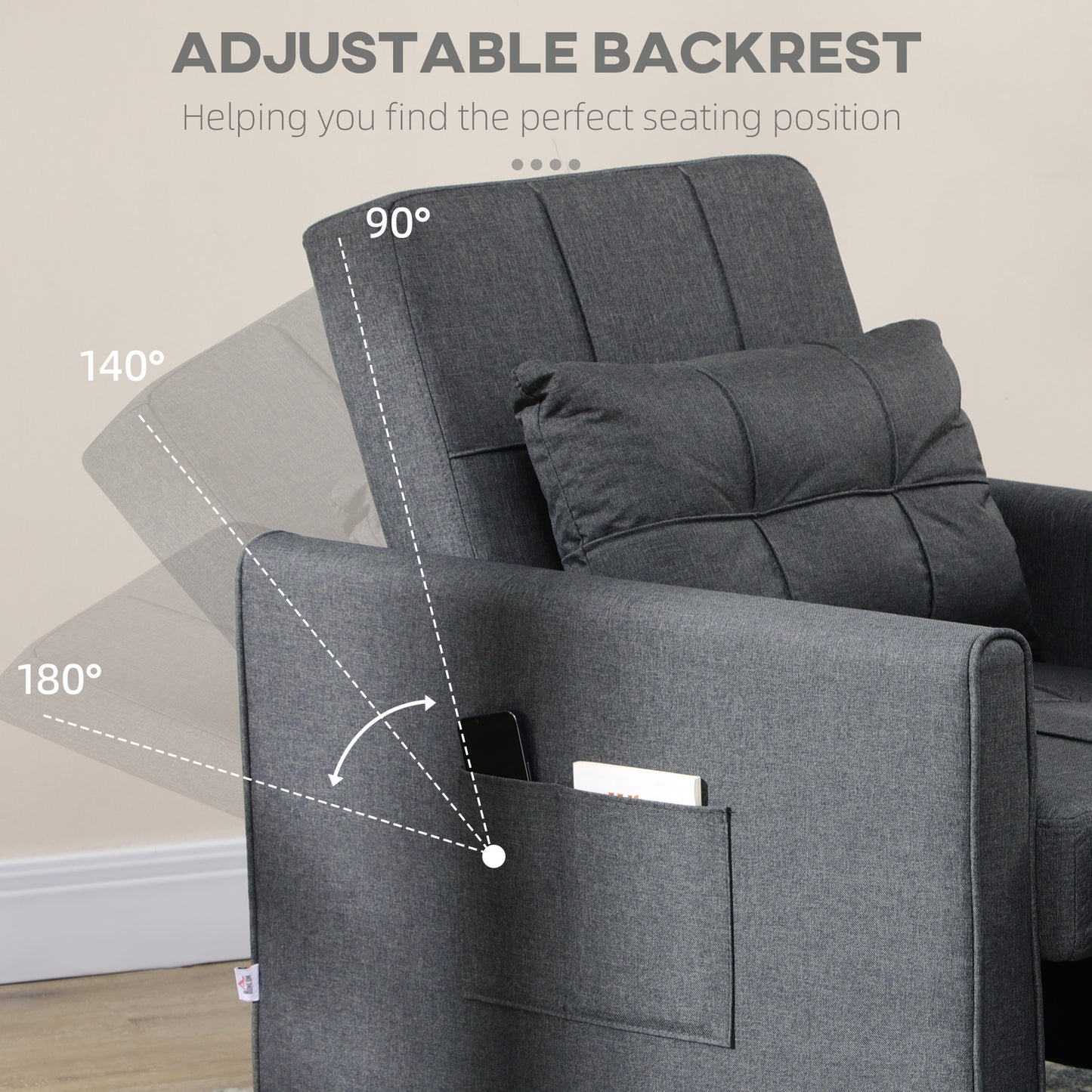 Dark gray fabric armchair with adjustable backrest and side pocket