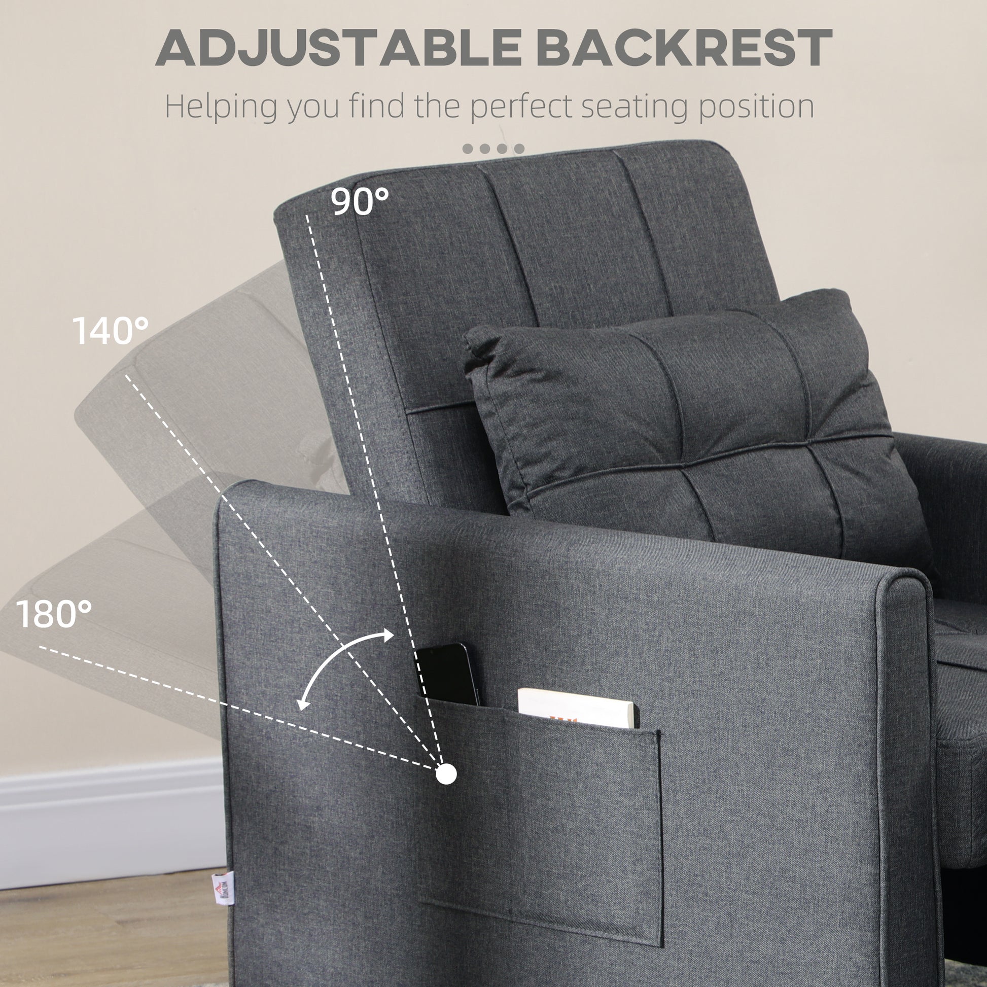 Dark gray fabric armchair with adjustable backrest and side pocket