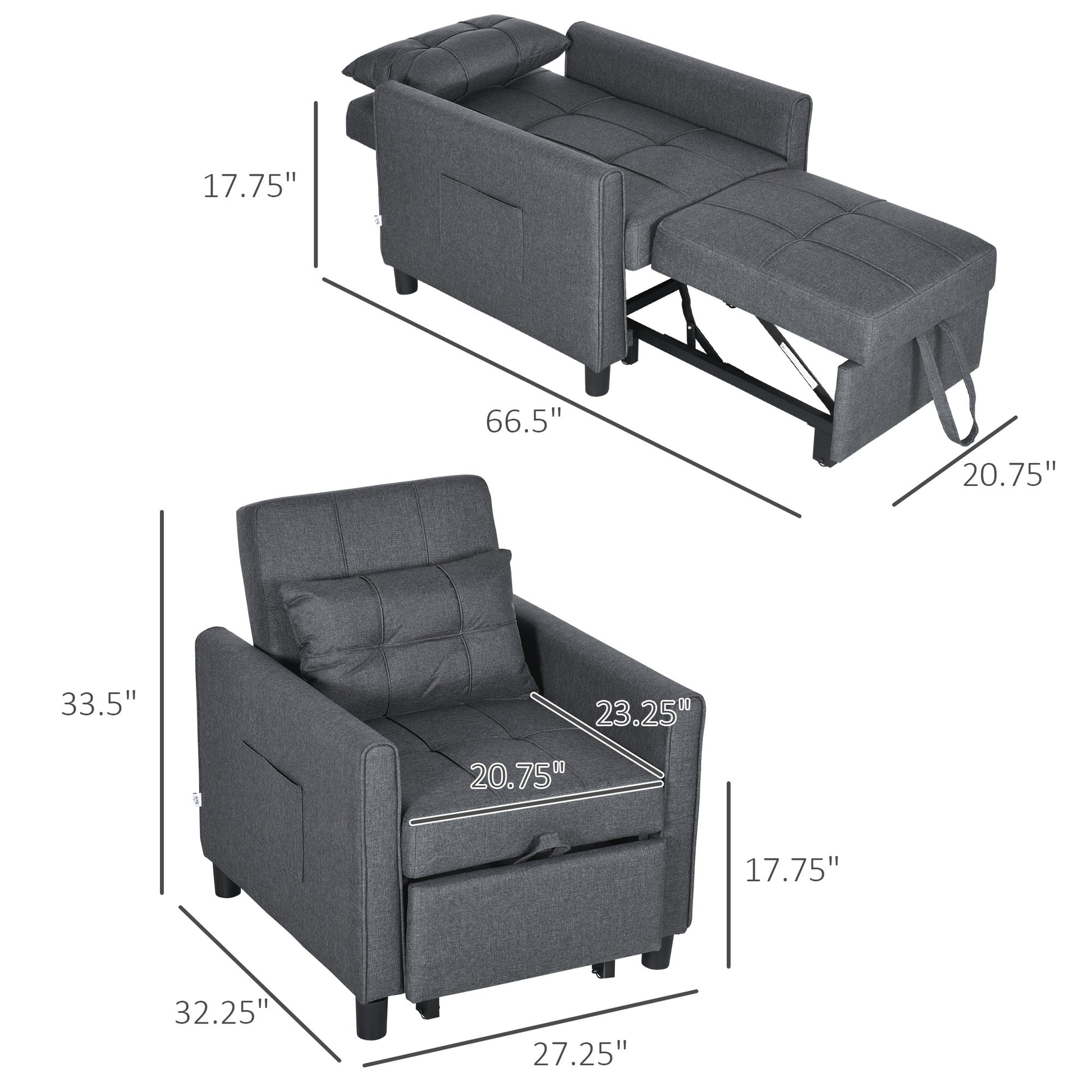 Dark gray fabric sofa bed extended to sleeping configuration  inches wide