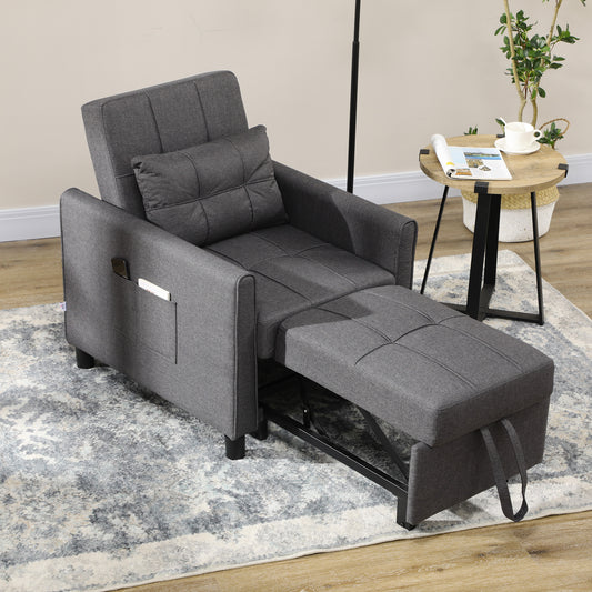 Dark grey fabric convertible sofa chair with footrest extended featuring side pocket storage