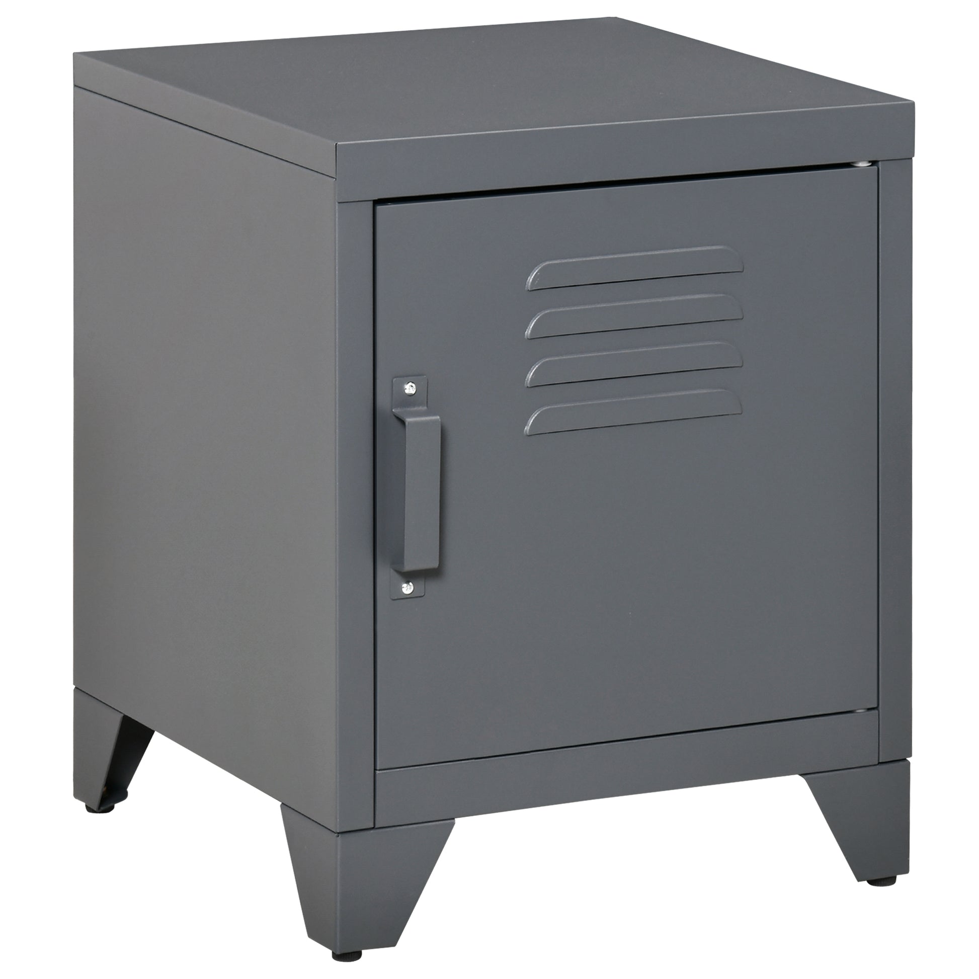 Compact grey metal lockerstyle nightstand with vented door and handle
