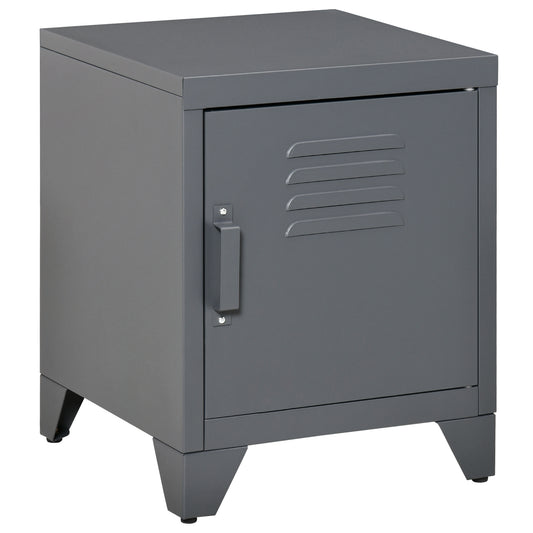 Compact grey metal lockerstyle nightstand with vented door and handle