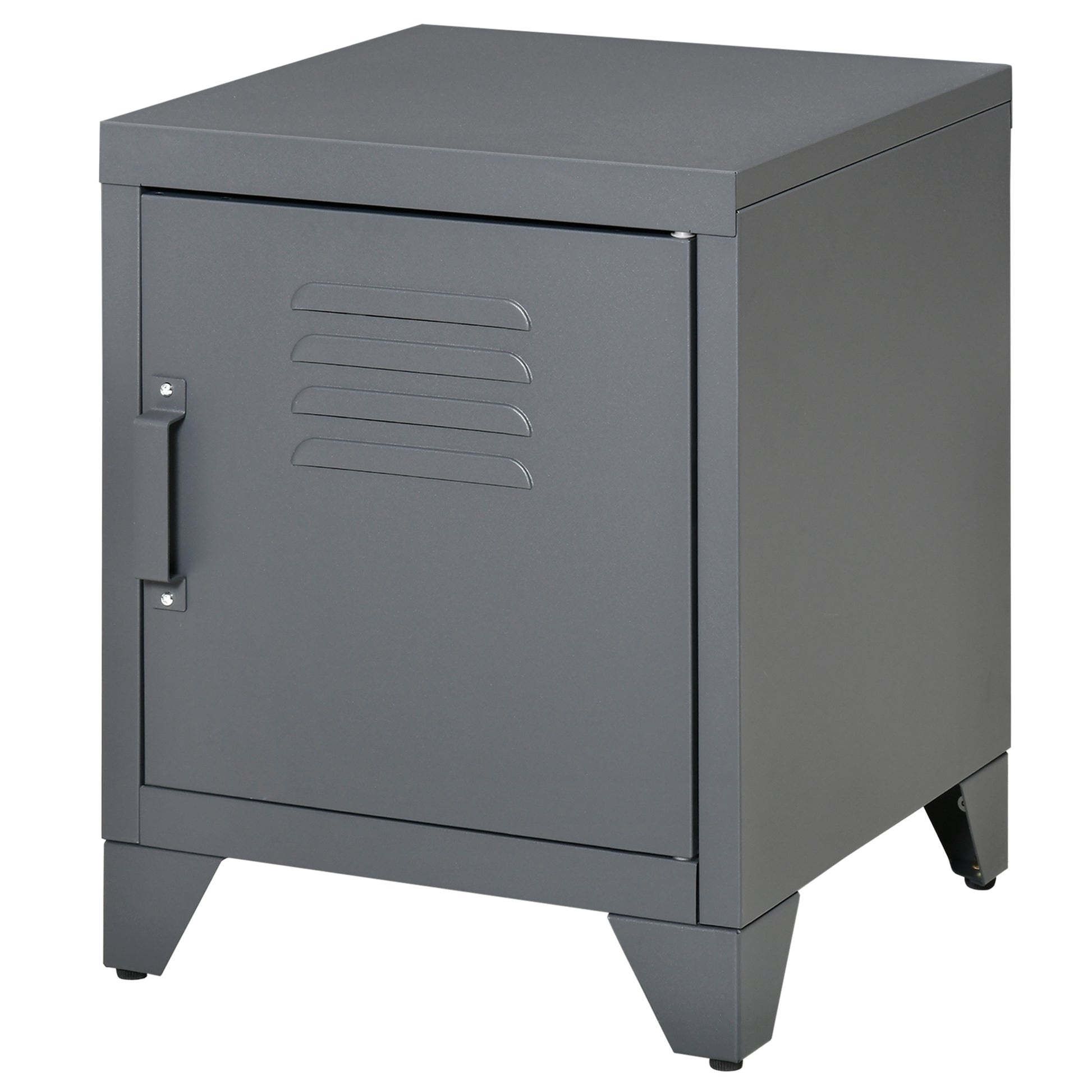 Grey metal locker end table with vented door and handle