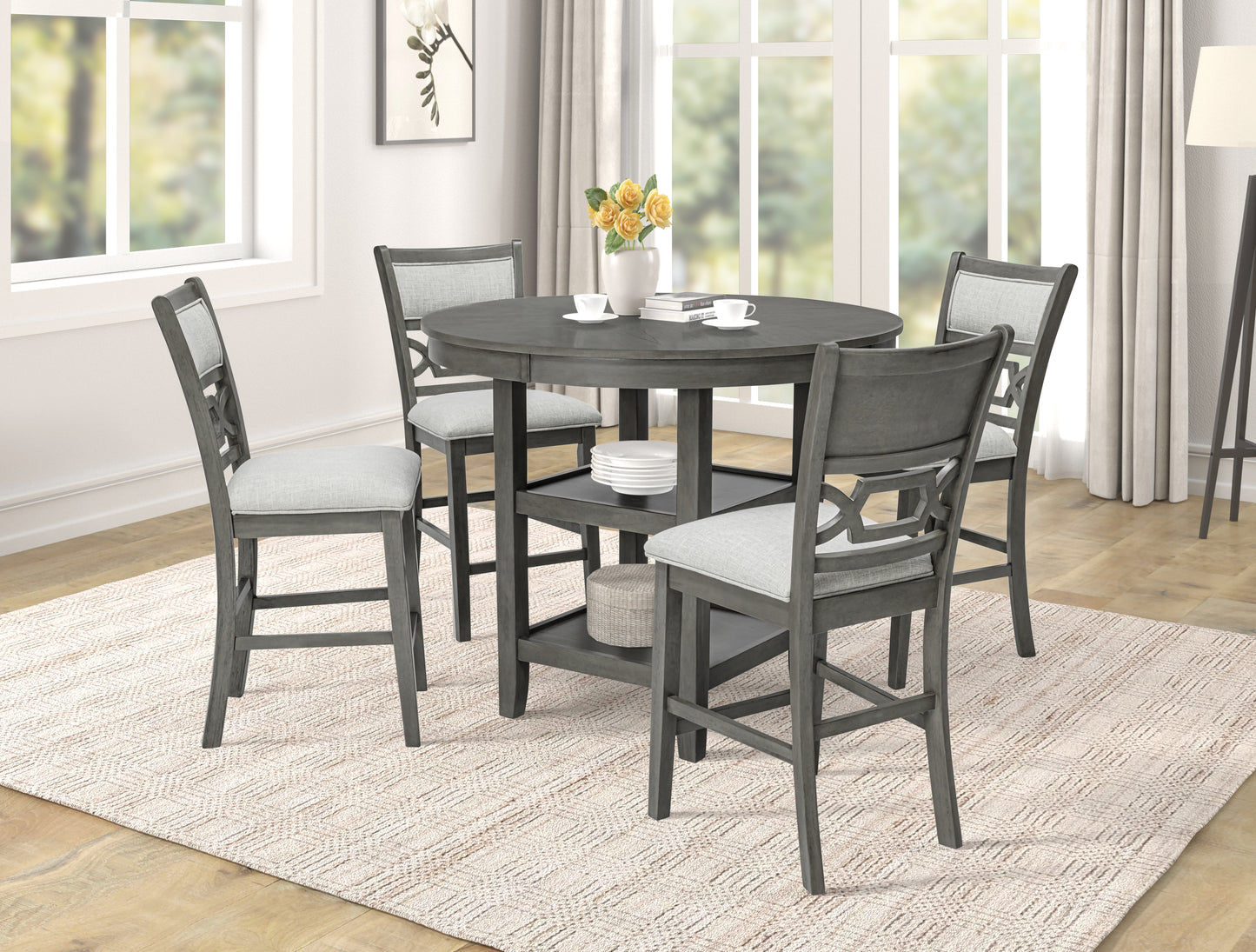 Grey wood counter height dining table set with four upholstered chairs