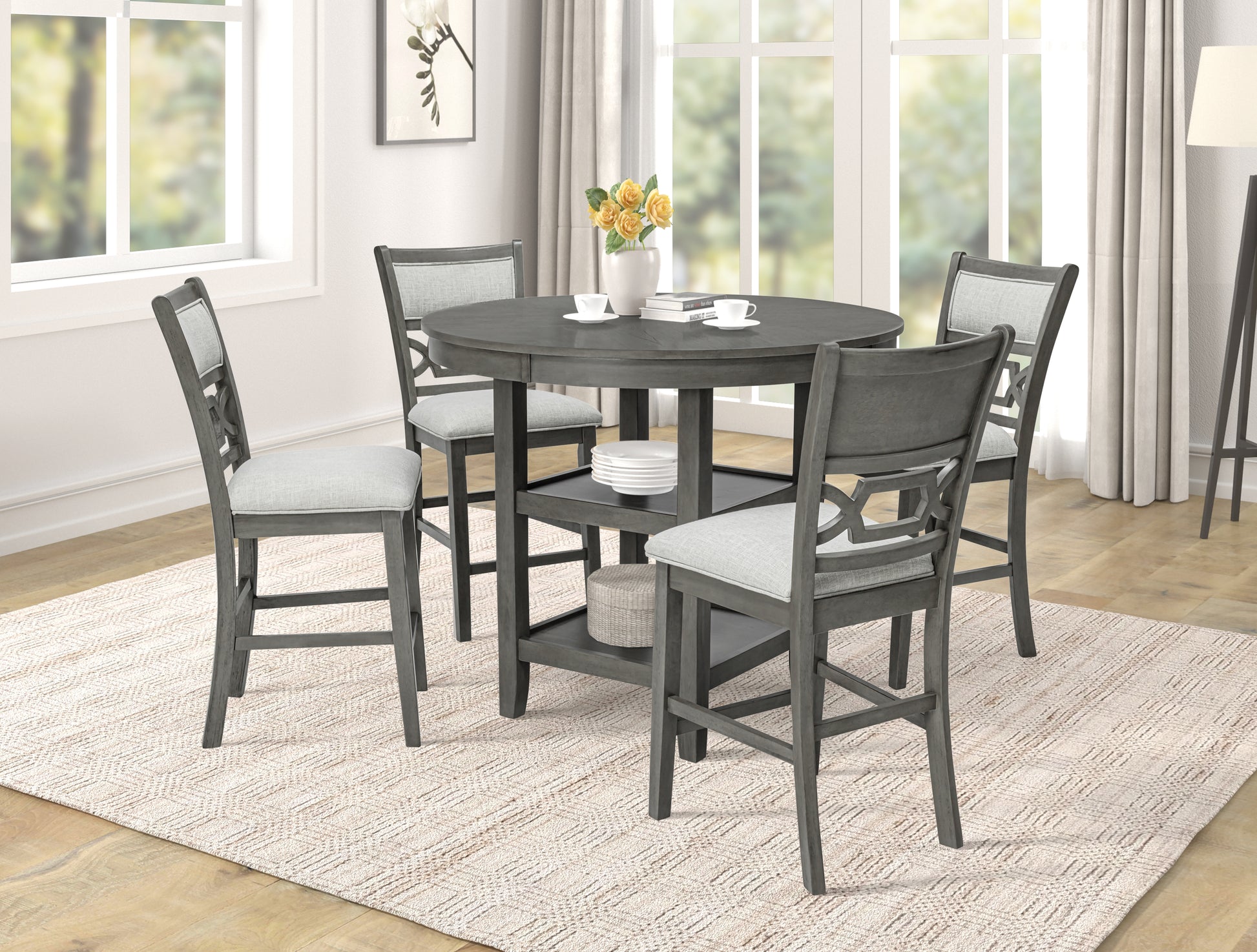 Grey wood counter height dining table set with four upholstered chairs