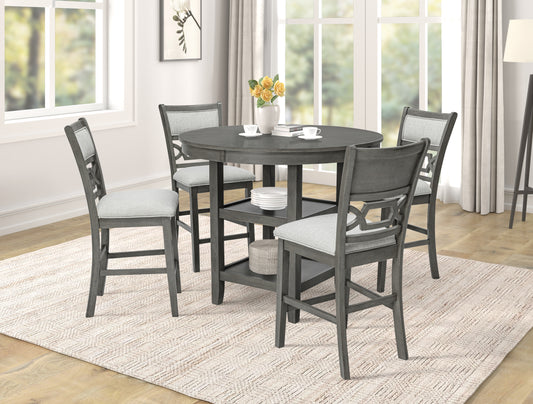 Grey wood counter height dining table set with four upholstered chairs