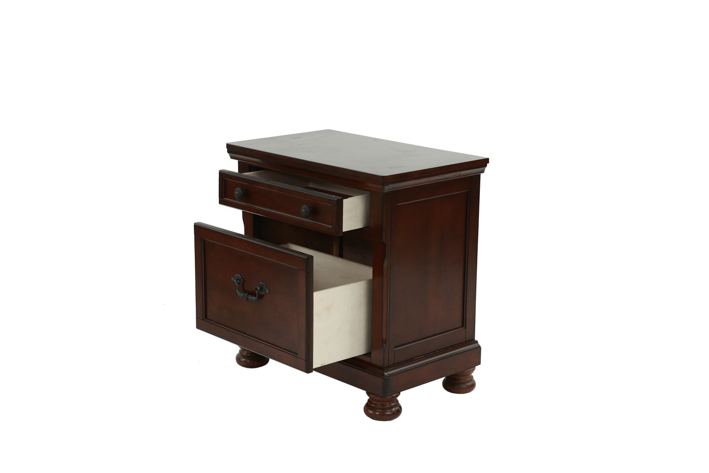 Dark mahogany wooden nightstand with two drawers open classic design