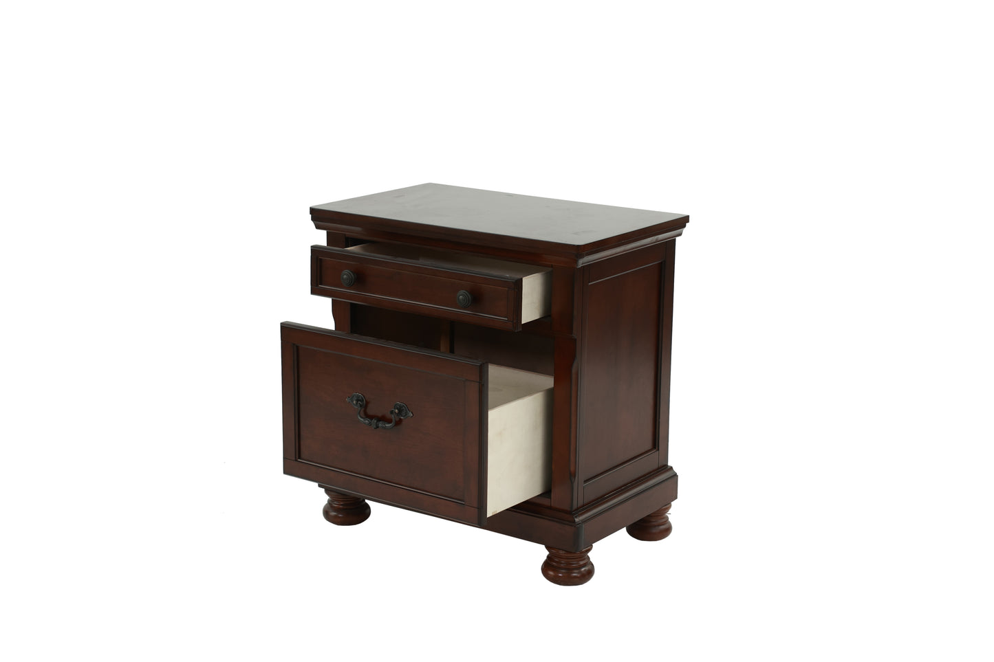 Dark wood nightstand with two drawers one open featuring ornate hardware