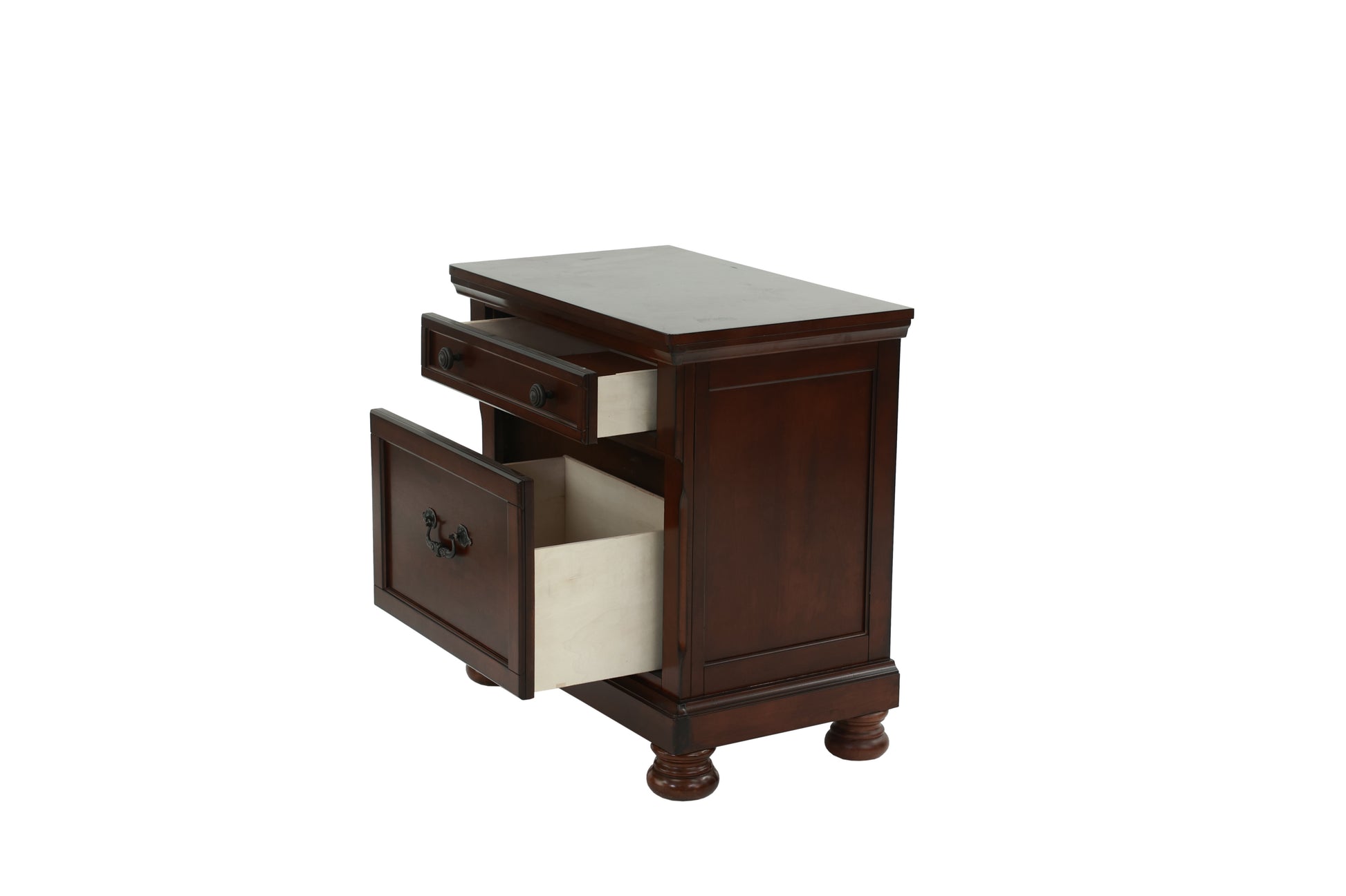 Dark cherry wood nightstand with two drawers one open featuring ornate hardware