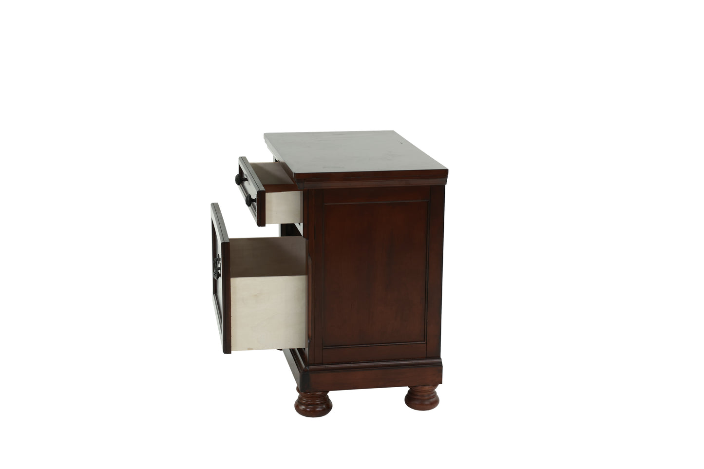 Dark brown wooden nightstand with two drawers one partially open