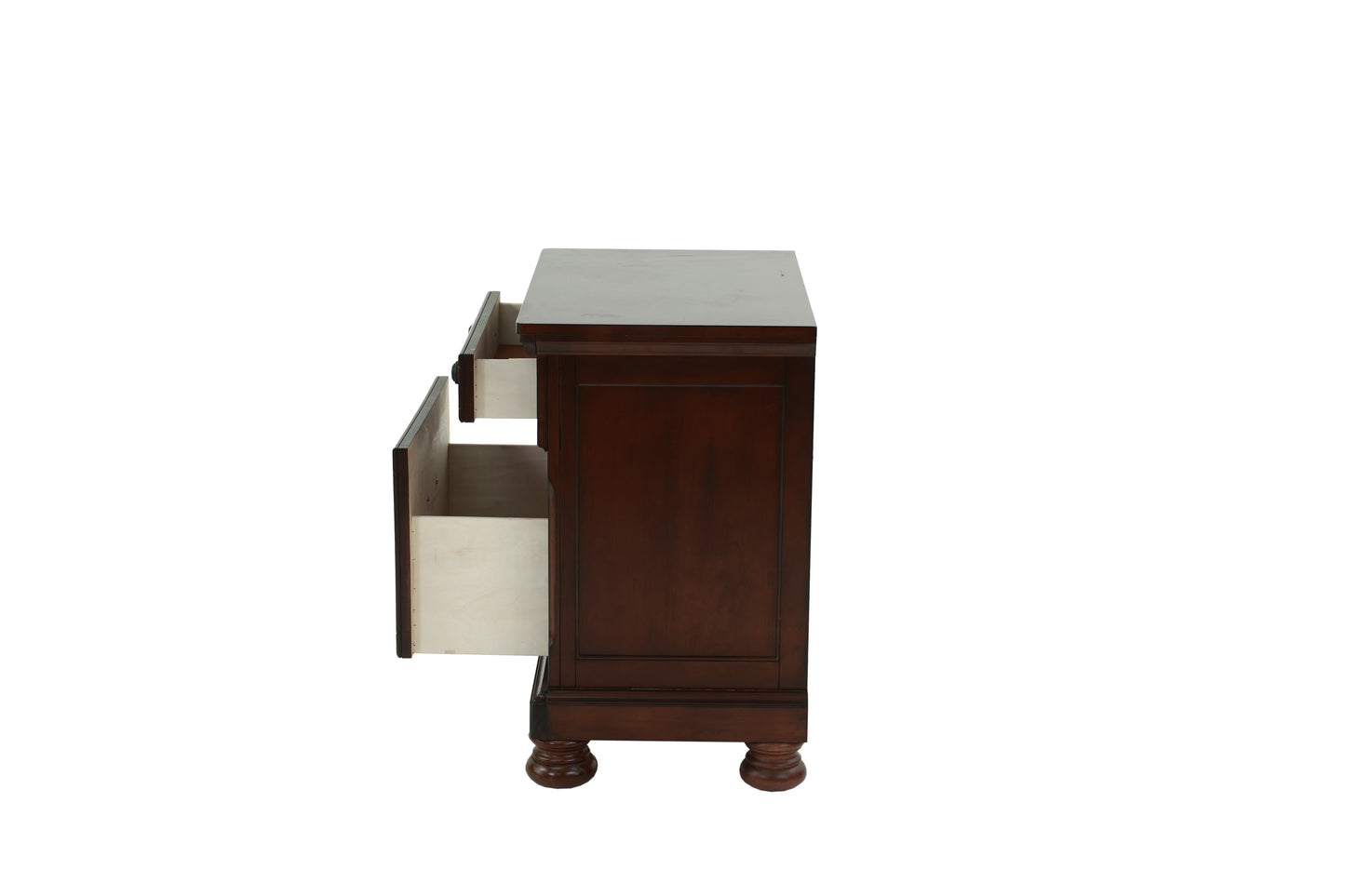 Dark brown wooden dresser with two open drawers showcasing ample storage space