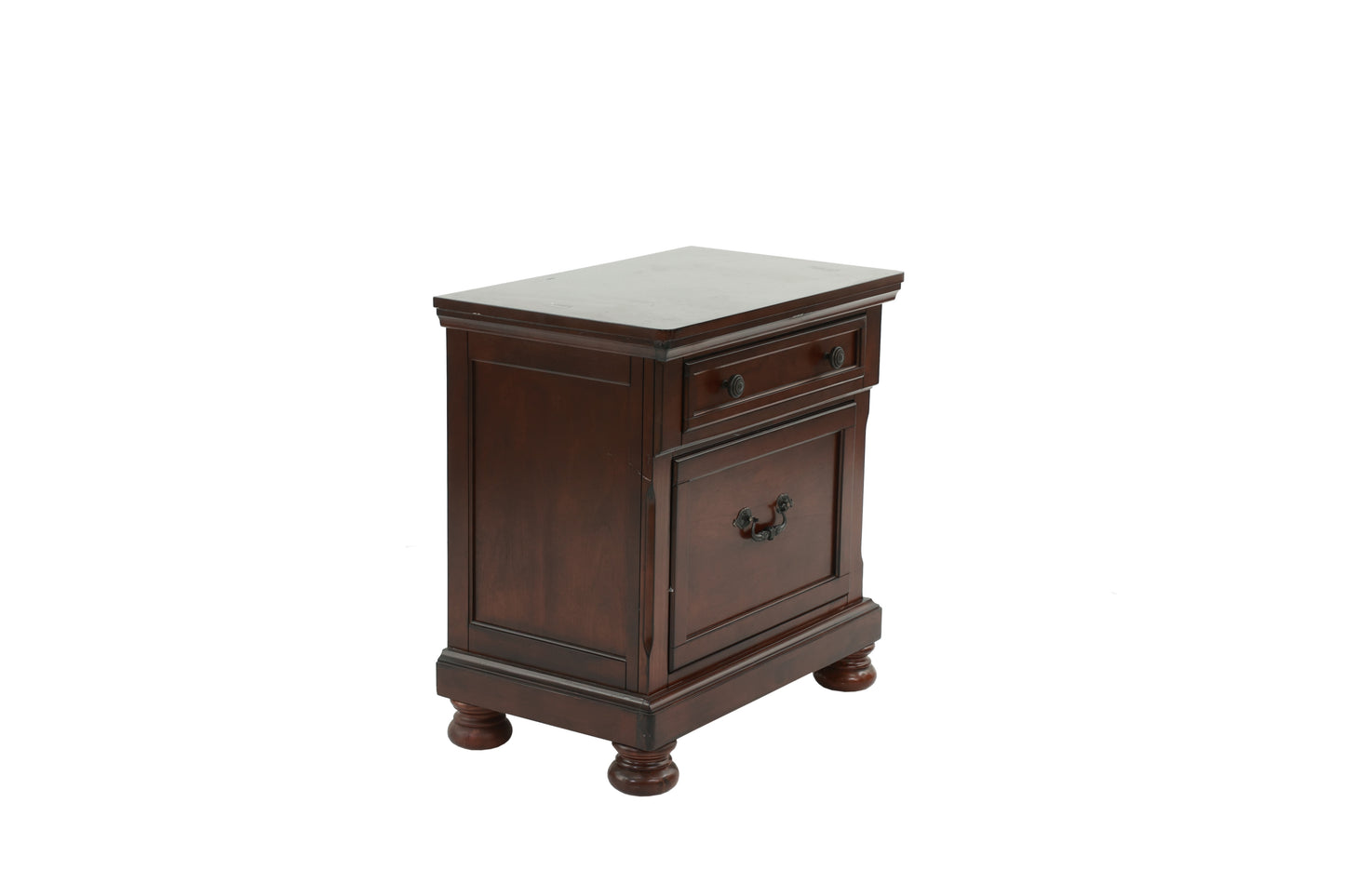 Traditional dark wood bedside table with single drawer and ornate hardware